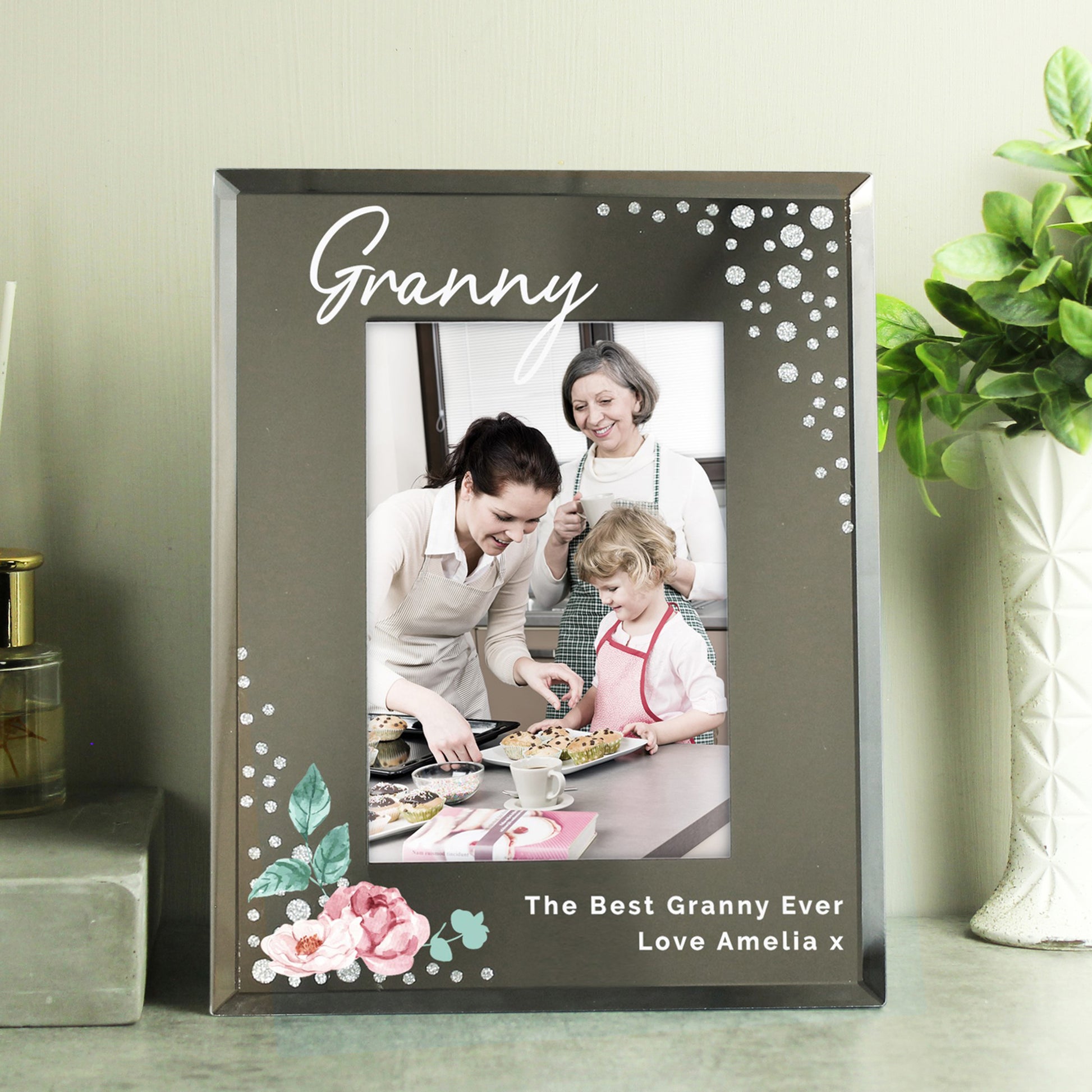 Personalised Floral 6x4 Diamante Glass Photo Frame - MK&JD Gifts