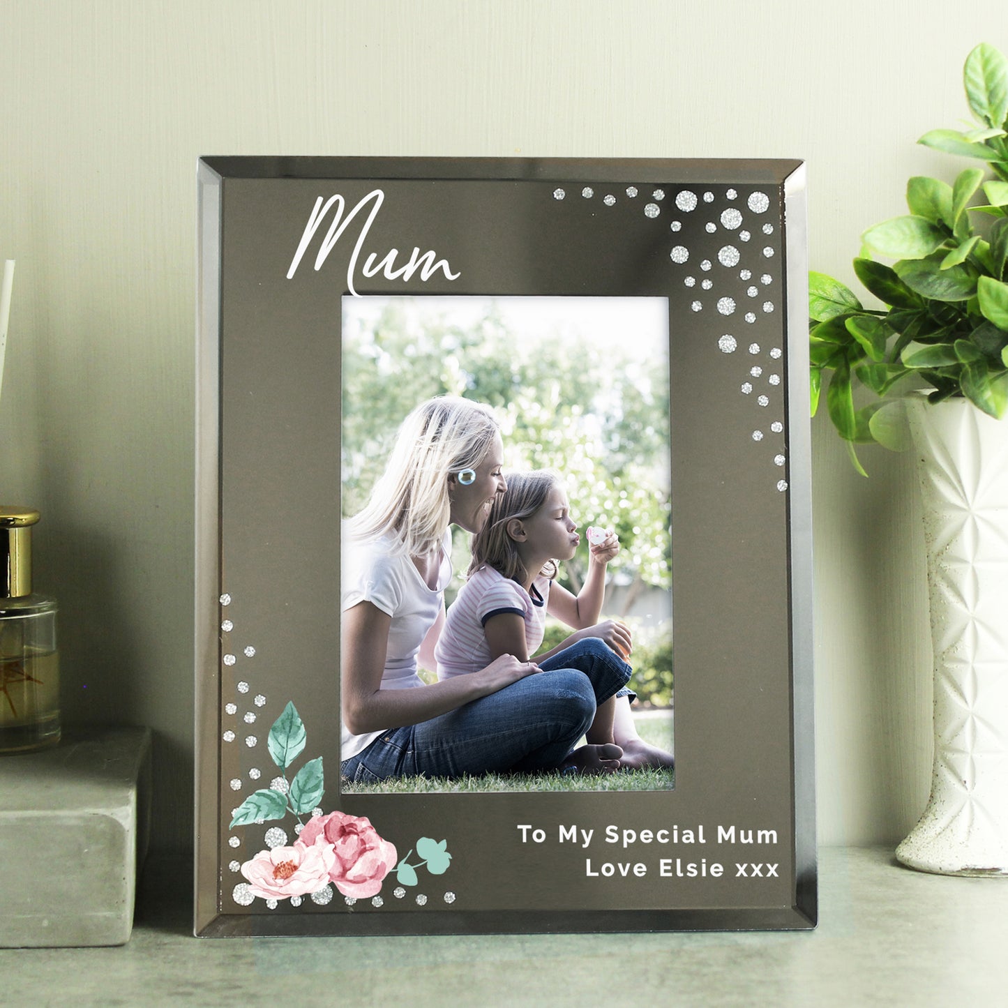 Personalised Floral 6x4 Diamante Glass Photo Frame - MK&JD Gifts