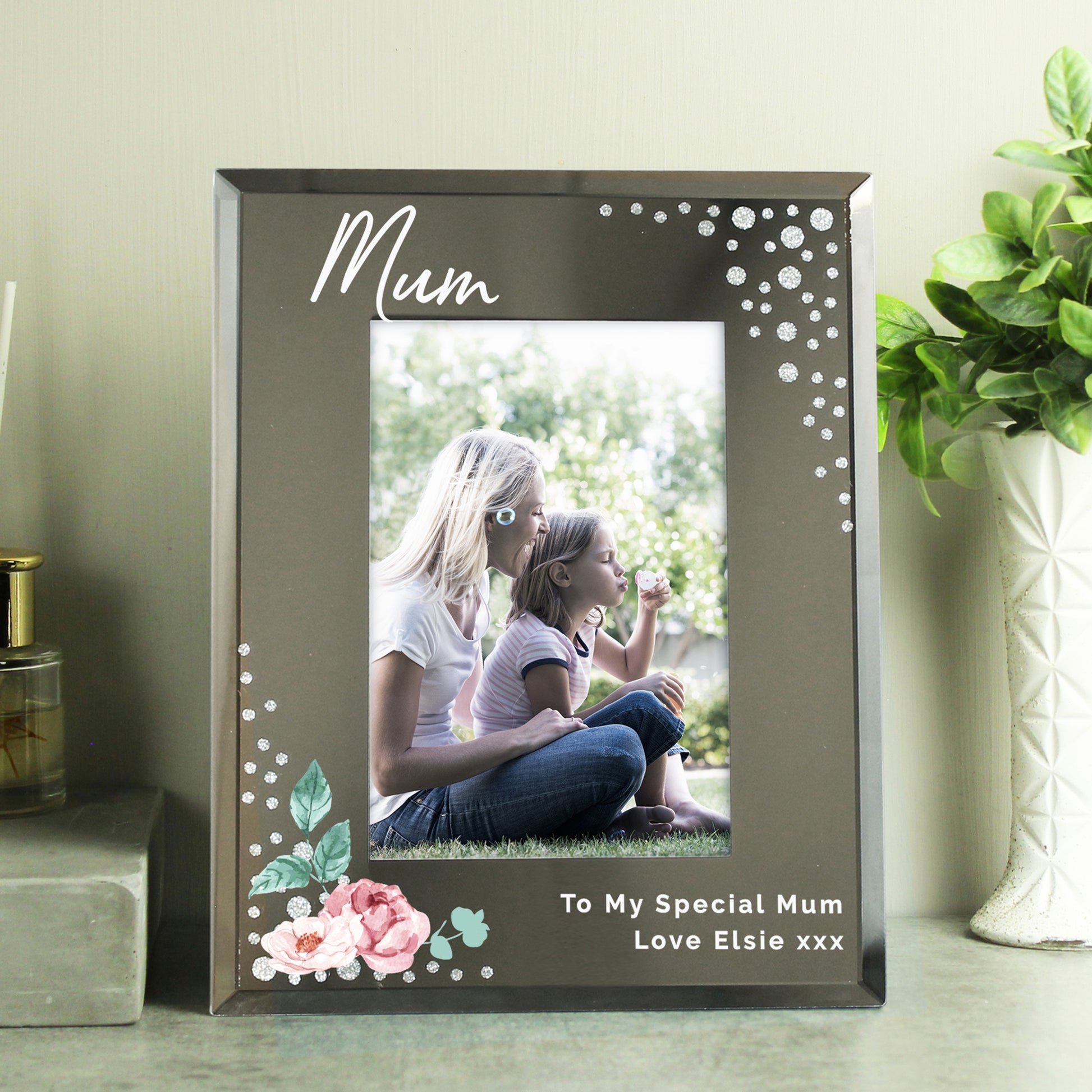 Personalised Floral 6x4 Diamante Glass Photo Frame - MK&JD Gifts