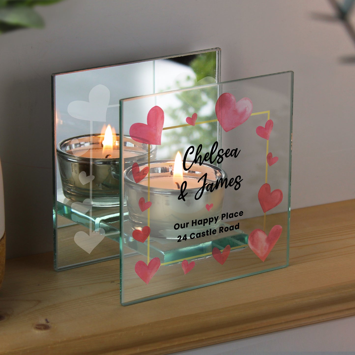 Personalised Hearts Mirrored Glass Tealight Holder - MK&JD Gifts