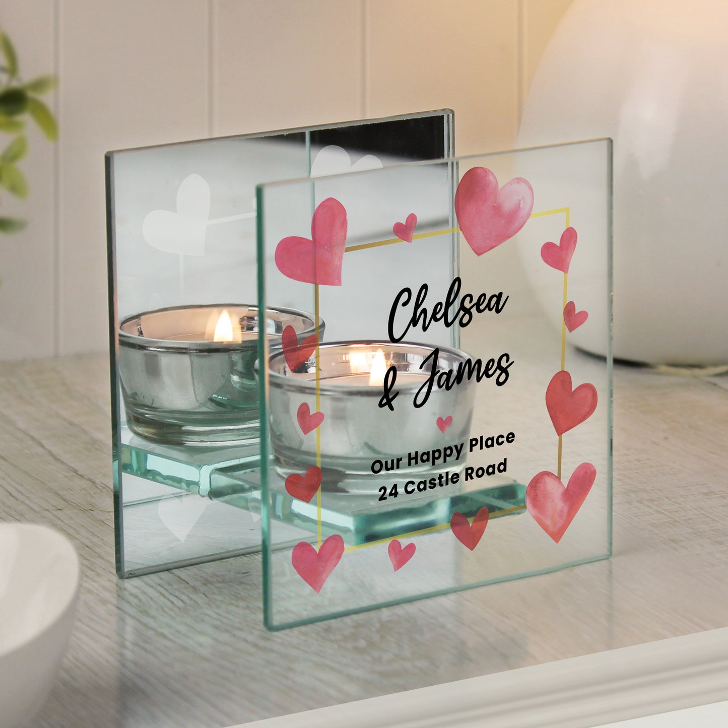 Personalised Hearts Mirrored Glass Tealight Holder - MK&JD Gifts