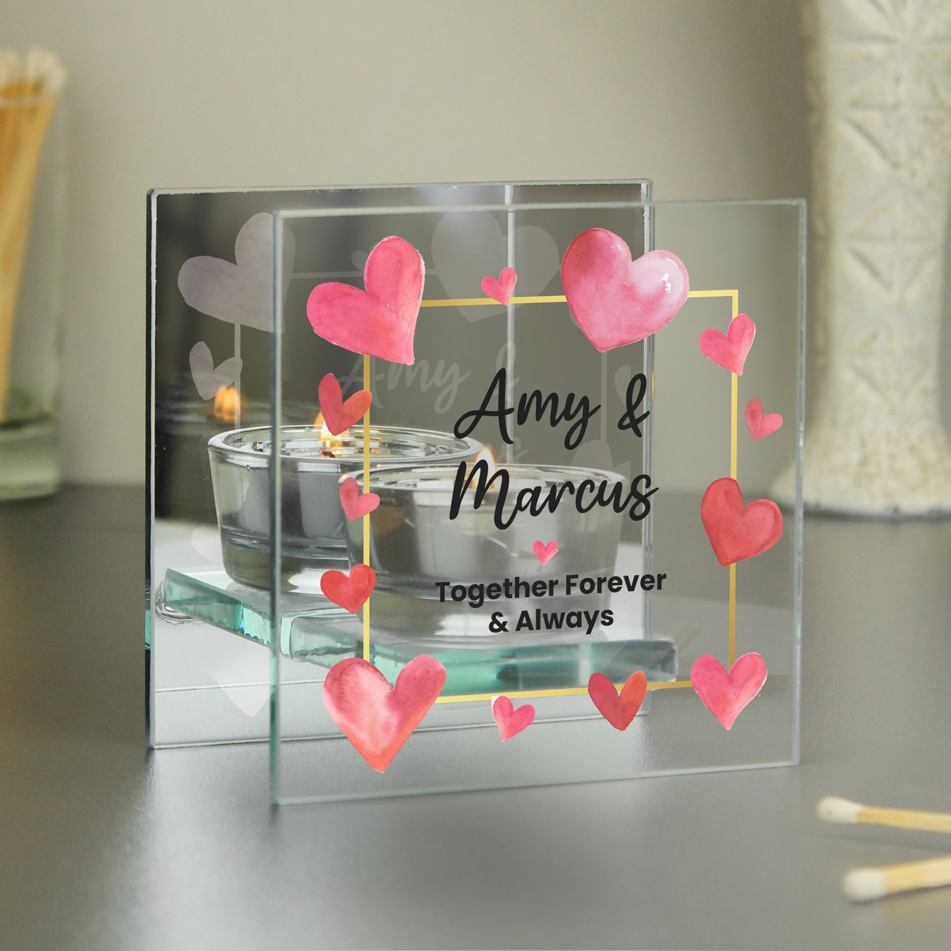 Personalised Hearts Mirrored Glass Tealight Holder - MK&JD Gifts