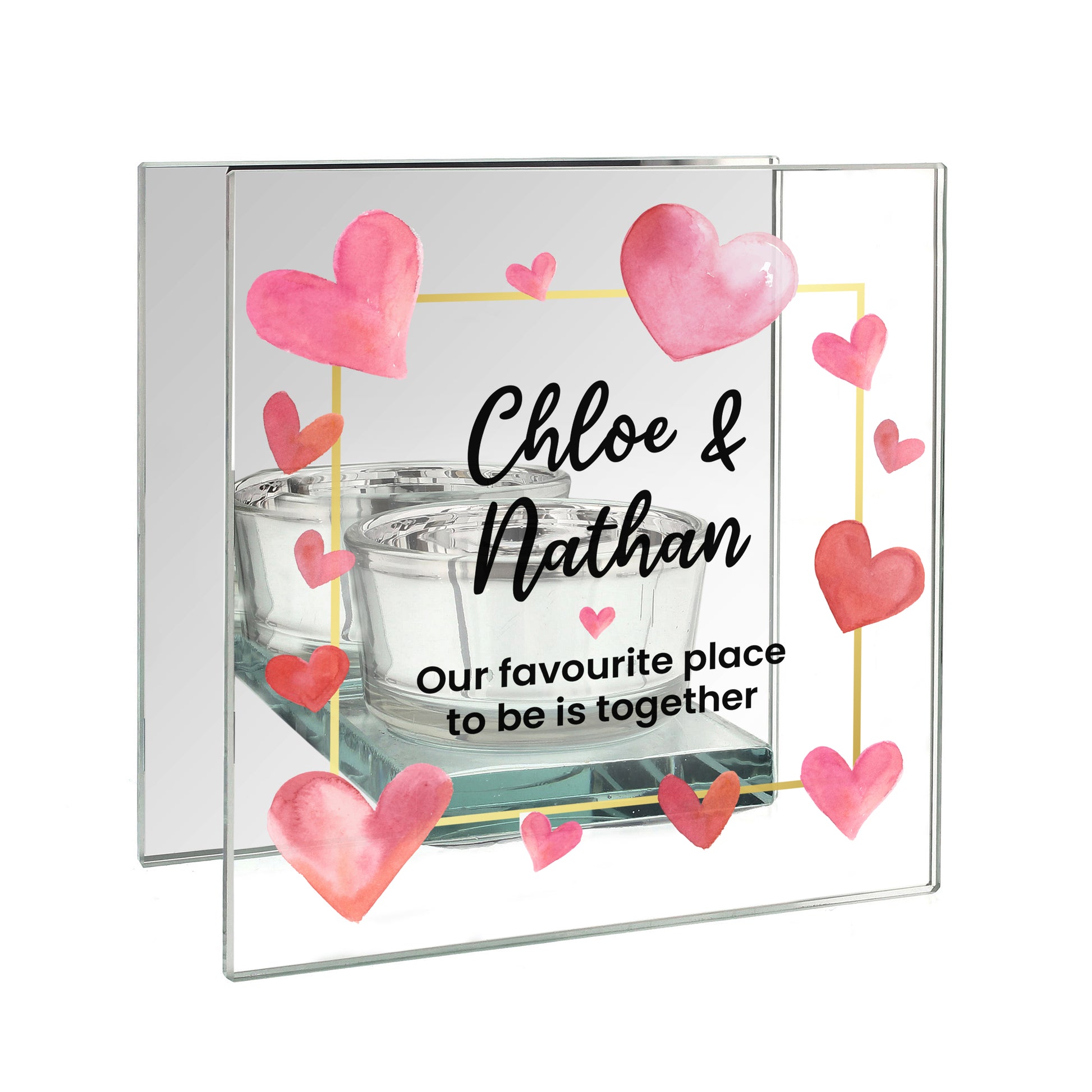 Personalised Hearts Mirrored Glass Tealight Holder - MK&JD Gifts