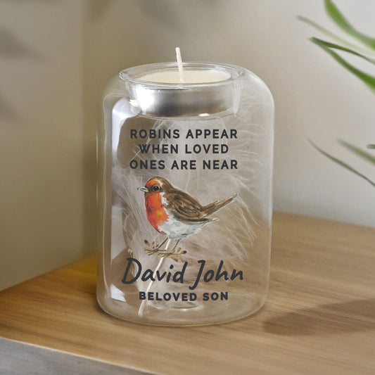 Personalised Robin Memorial Feather Tealight Holder - MK&JD Gifts