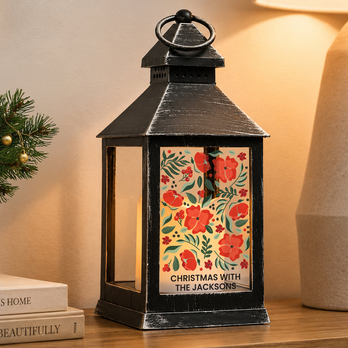 Personalised Poinsettia Black LED Lantern - MK&JD Gifts