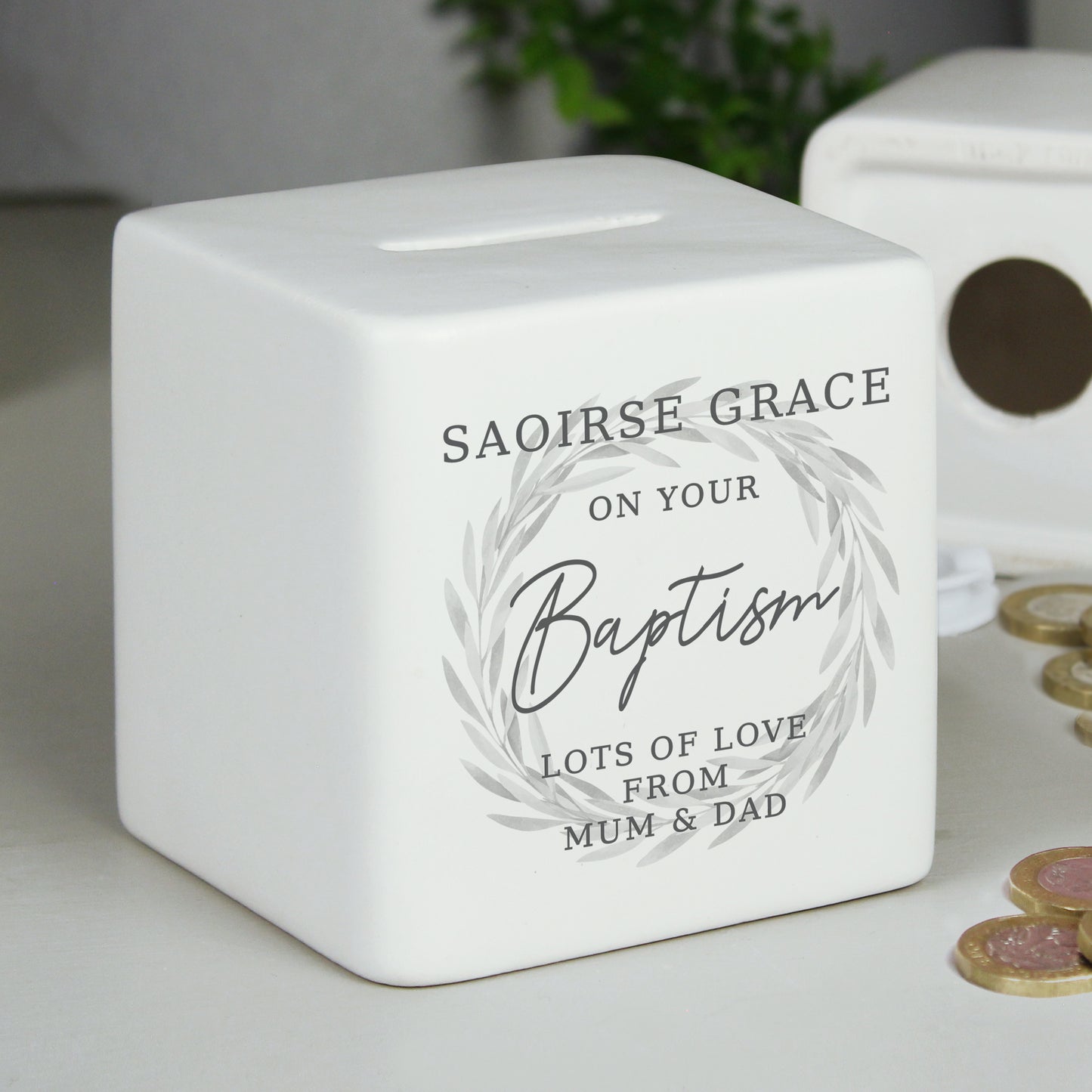 Personalised Wreath Ceramic Square Money Box - MK&JD Gifts