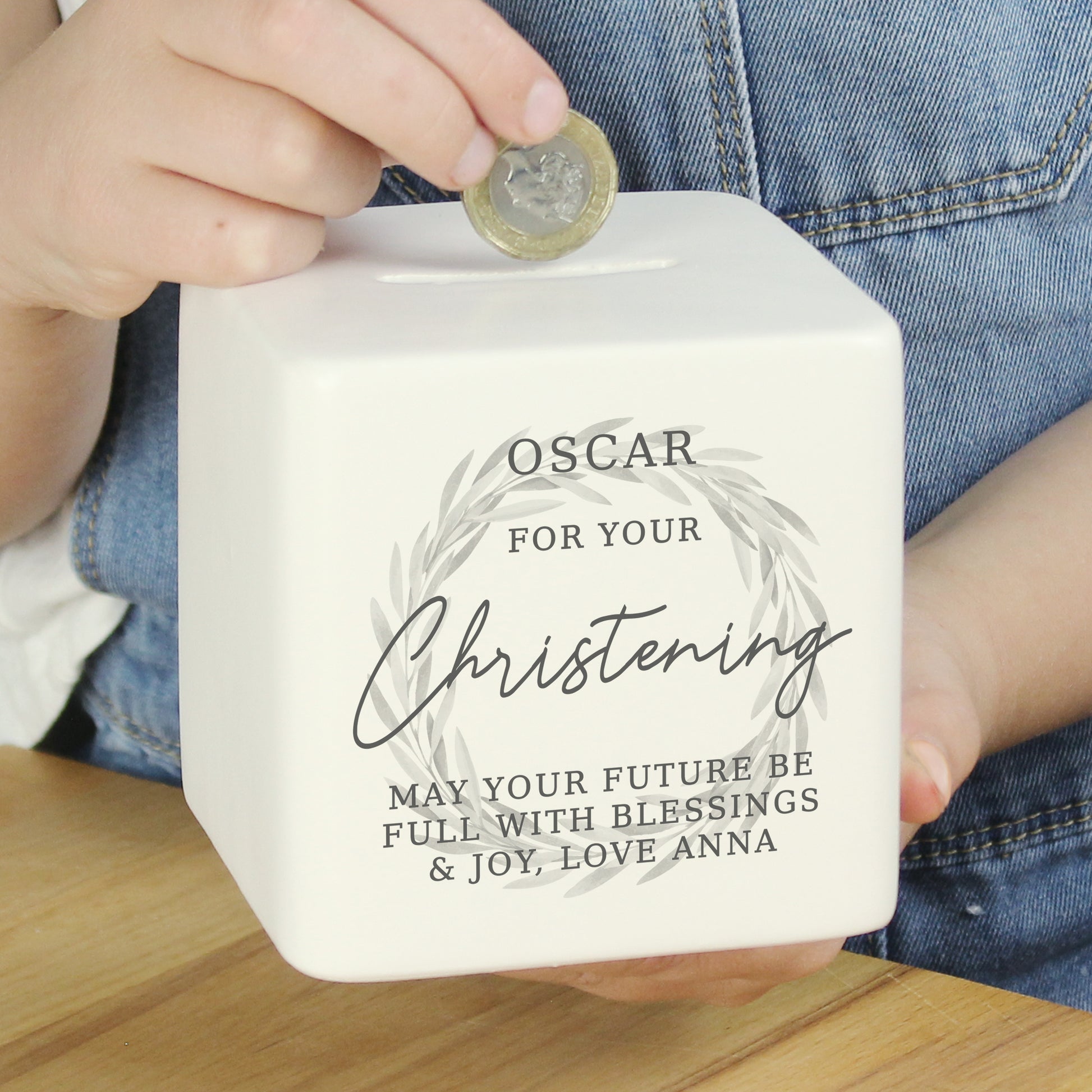 Personalised Wreath Ceramic Square Money Box - MK&JD Gifts