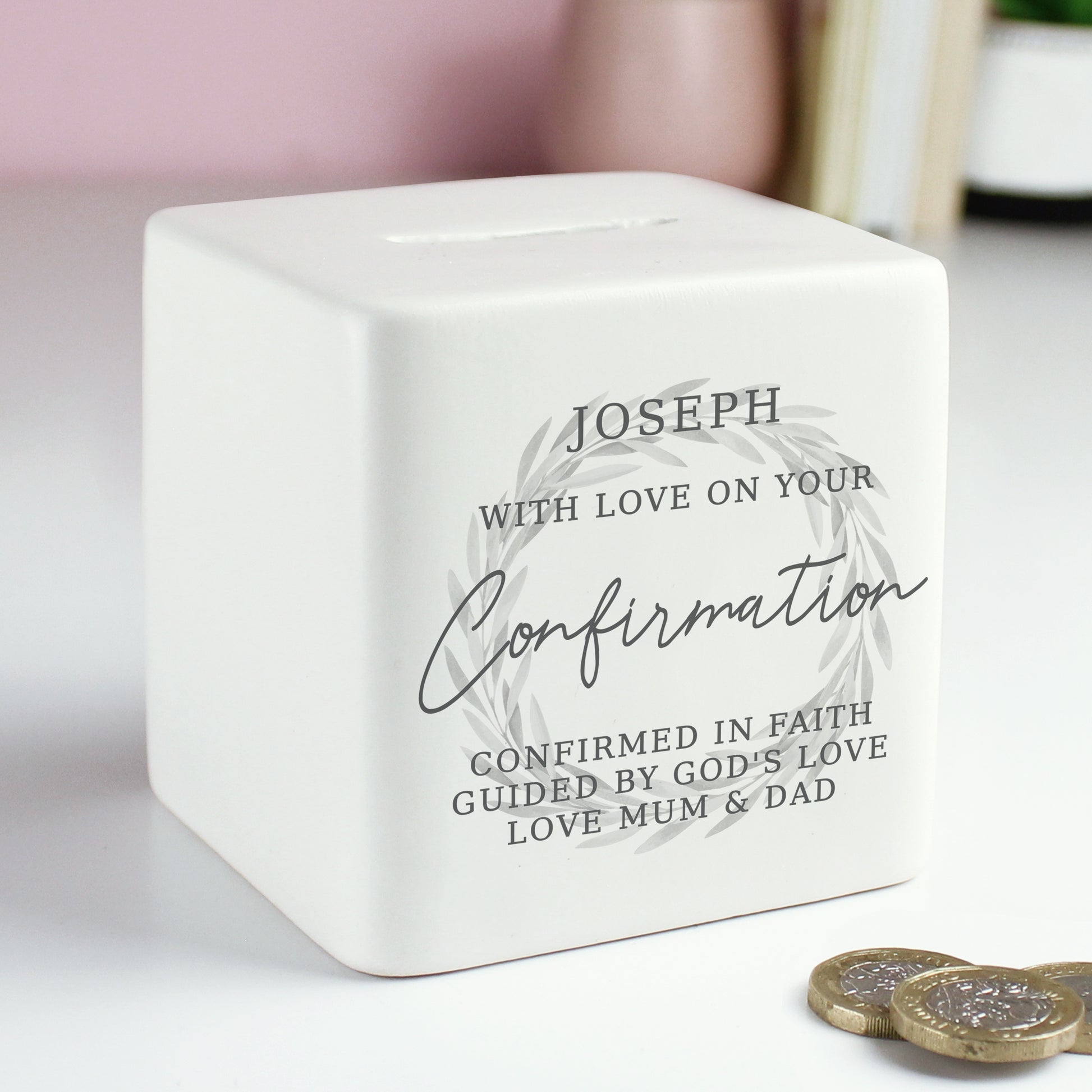 Personalised Wreath Ceramic Square Money Box - MK&JD Gifts