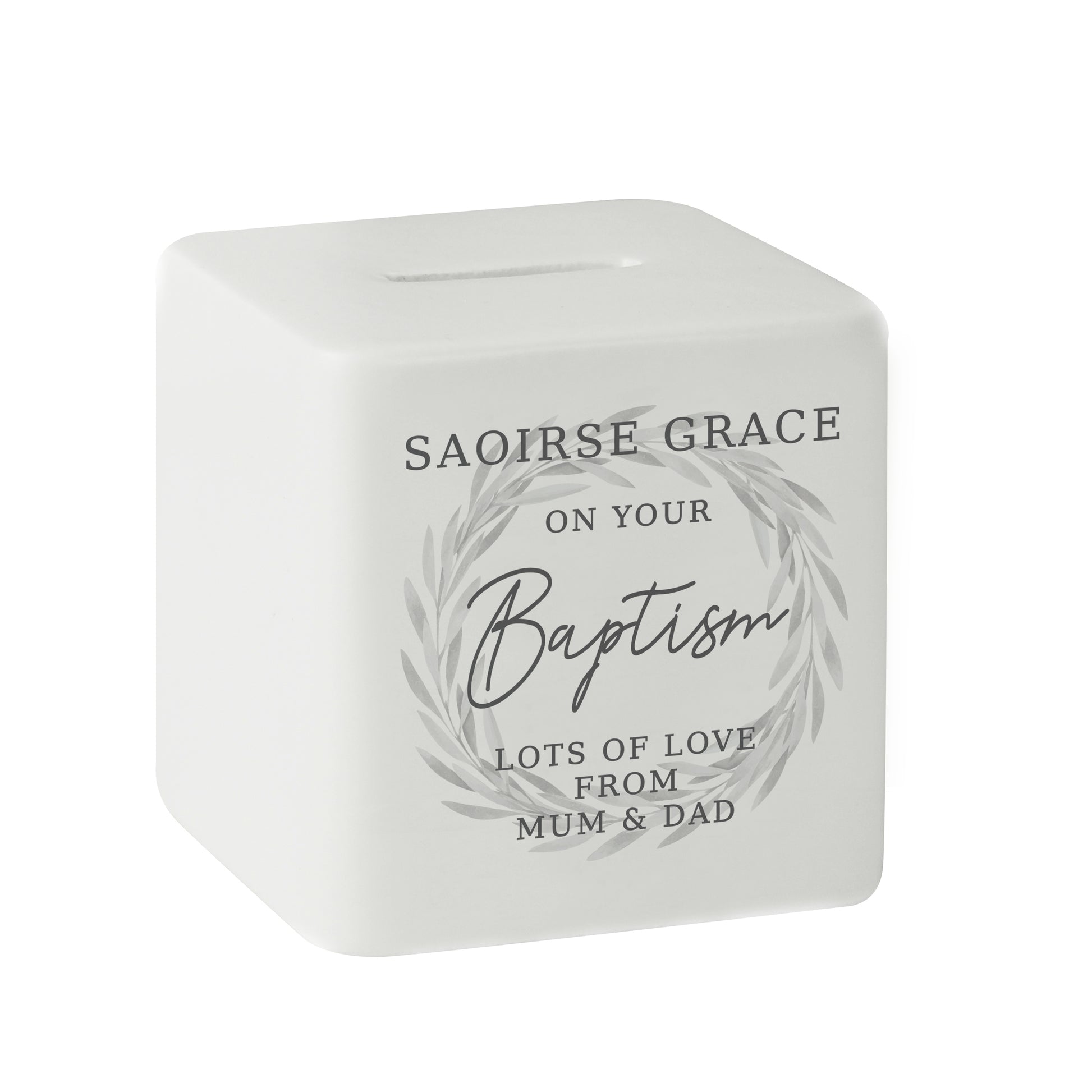 Personalised Wreath Ceramic Square Money Box - MK&JD Gifts