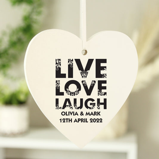 Personalised Live Love Laugh Wooden Heart Decoration - MK&JD Gifts