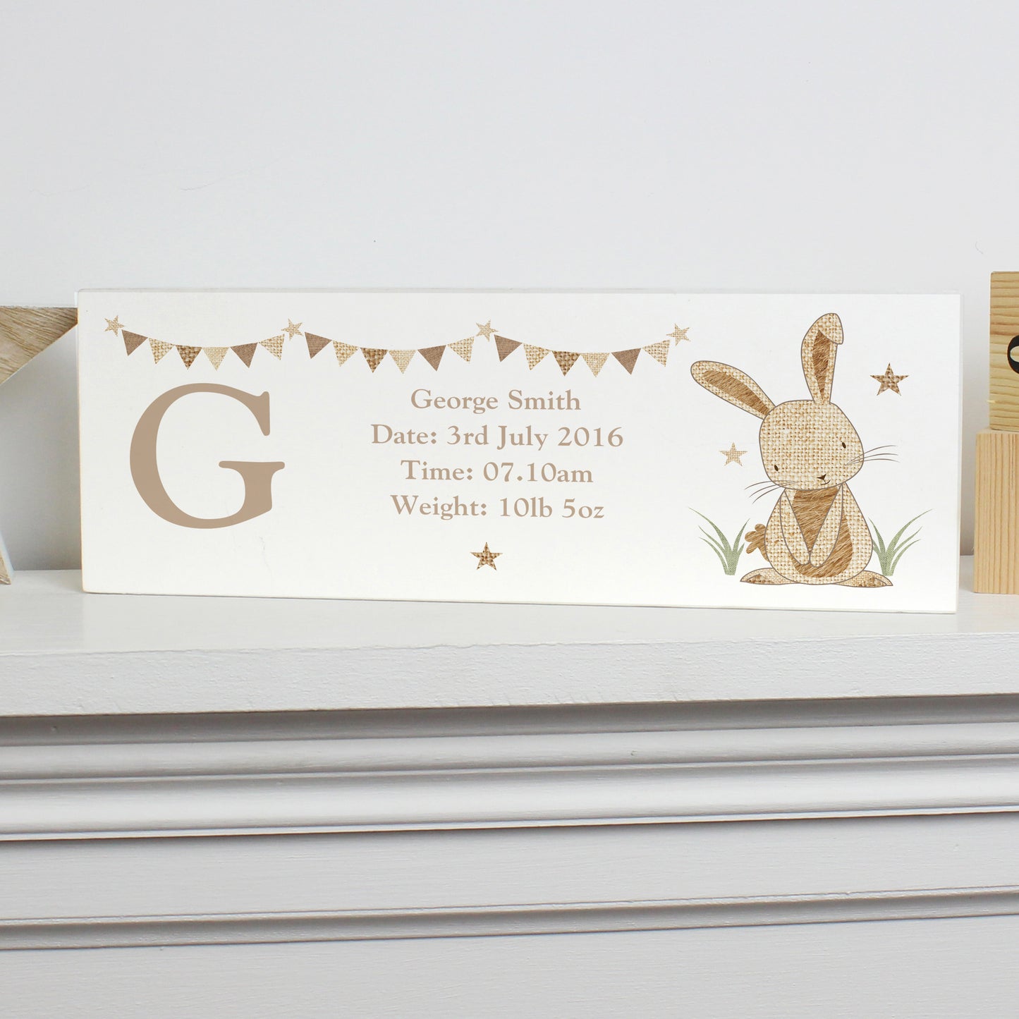 Personalised Hessian Rabbit Wooden Mantel Decoration - MK&JD Gifts