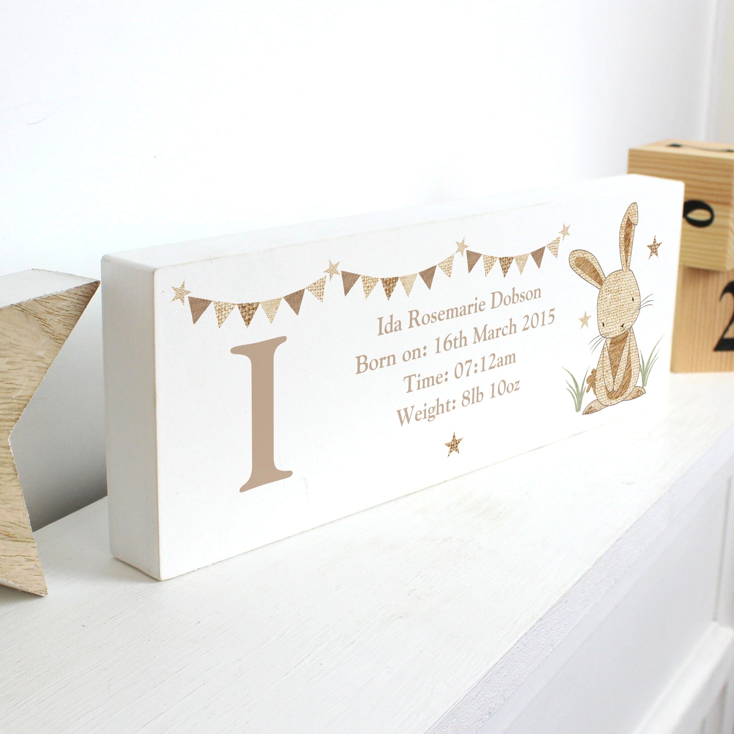 Personalised Hessian Rabbit Wooden Mantel Decoration - MK&JD Gifts
