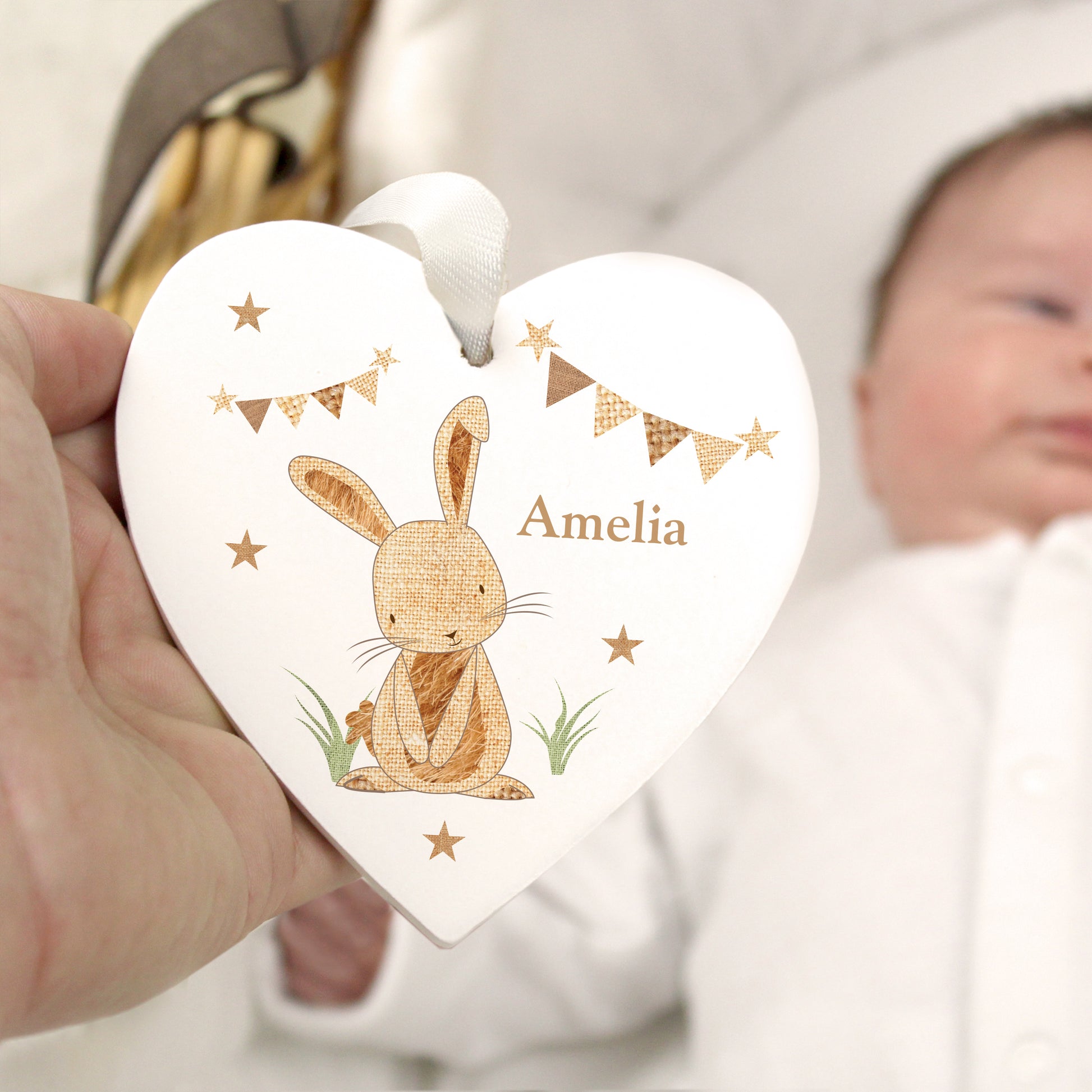 Personalised Hessian Rabbit Wooden Heart Decoration - MK&JD Gifts