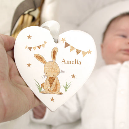 Personalised Hessian Rabbit Wooden Heart Decoration - MK&JD Gifts