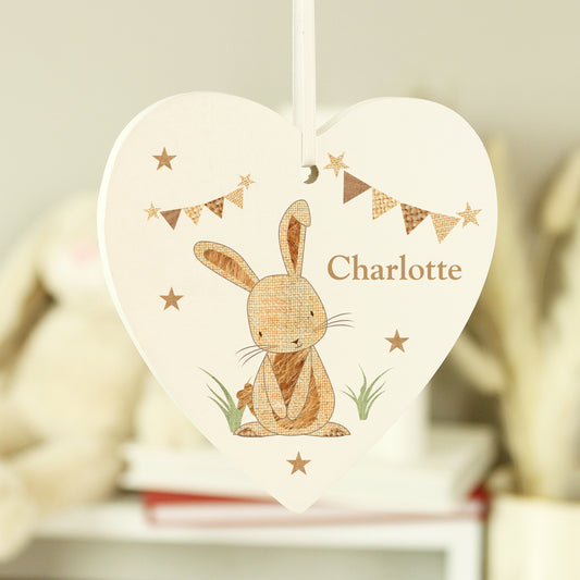 Personalised Hessian Rabbit Wooden Heart Decoration - MK&JD Gifts