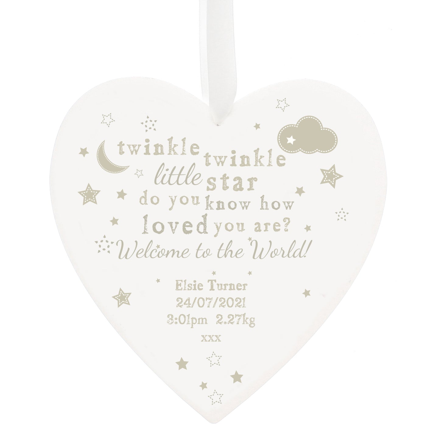 Personalised Twinkle Twinkle Large Wooden Heart Decoration - MK&JD Gifts