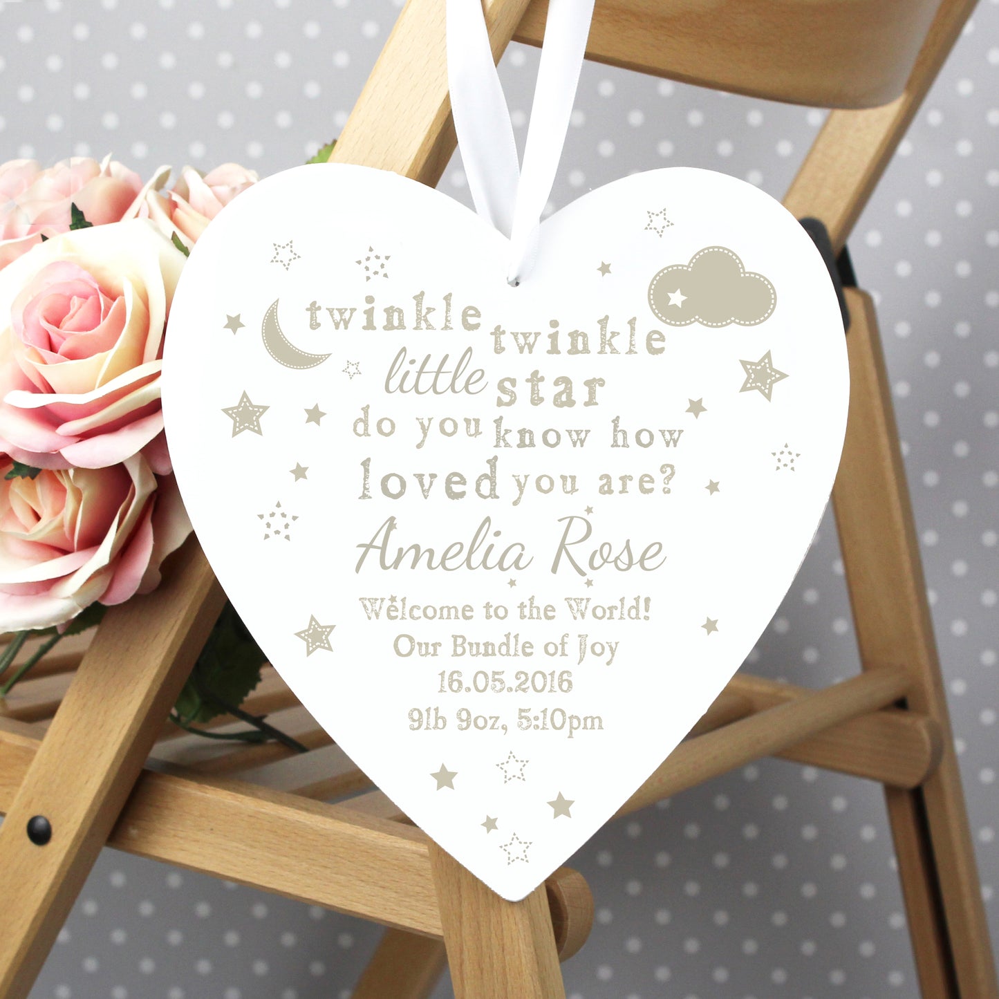Personalised Twinkle Twinkle Large Wooden Heart Decoration - MK&JD Gifts