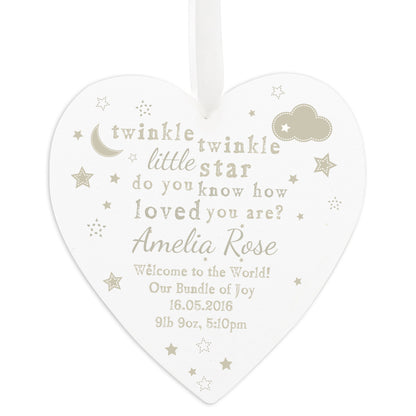 Personalised Twinkle Twinkle Large Wooden Heart Decoration - MK&JD Gifts