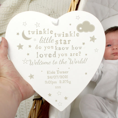 Personalised Twinkle Twinkle Large Wooden Heart Decoration - MK&JD Gifts