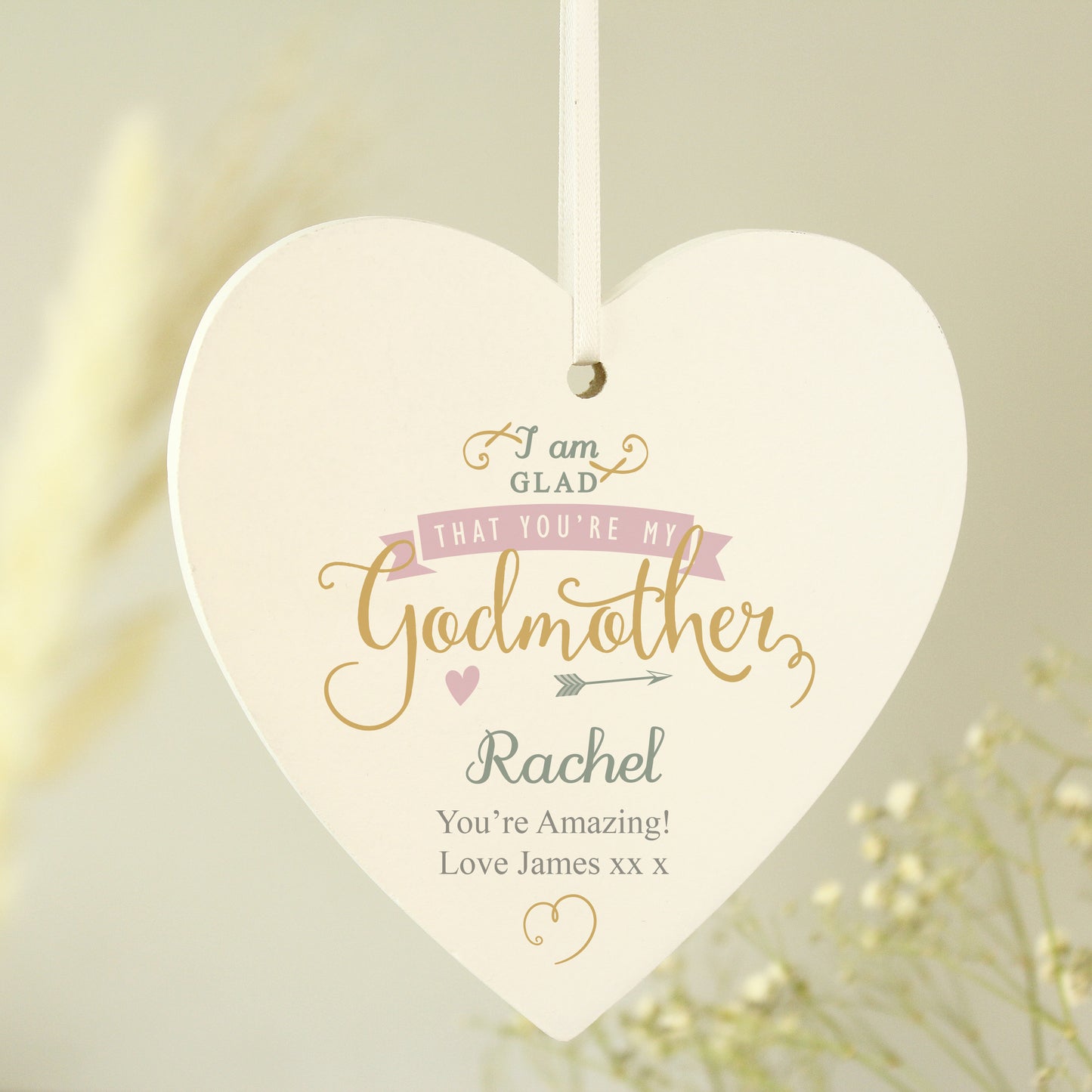 Personalised I Am Glad... Godmother Wooden Heart Decoration - MK&JD Gifts
