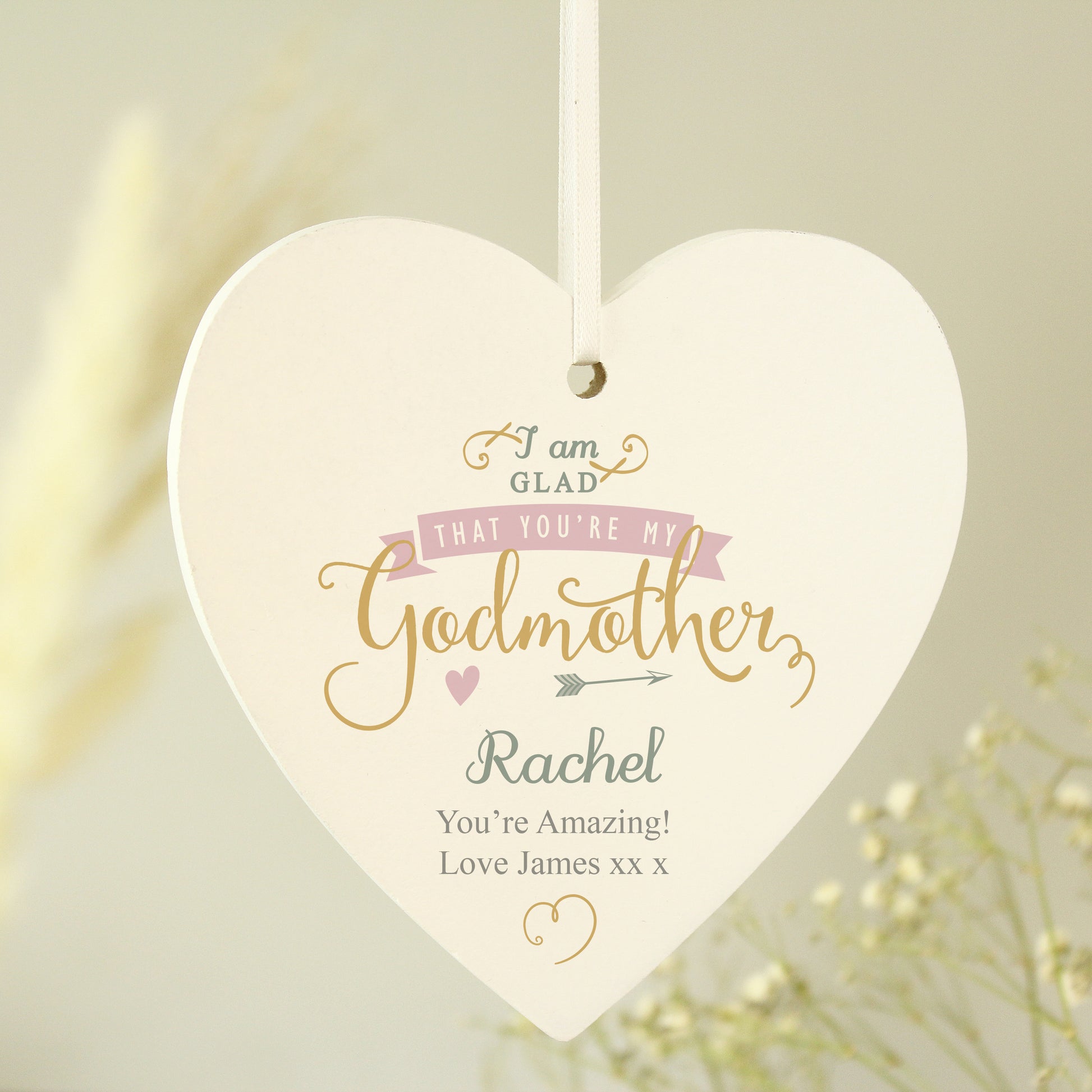 Personalised I Am Glad... Godmother Wooden Heart Decoration - MK&JD Gifts