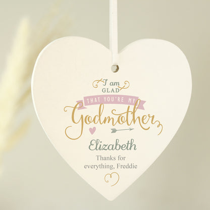 Personalised I Am Glad... Godmother Wooden Heart Decoration - MK&JD Gifts