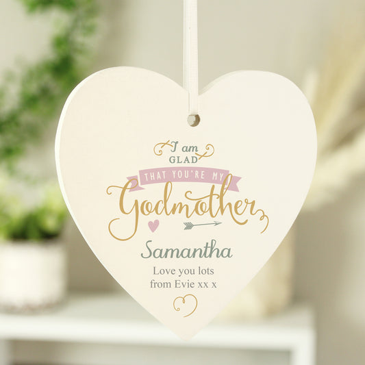 Personalised I Am Glad... Godmother Wooden Heart Decoration - MK&JD Gifts