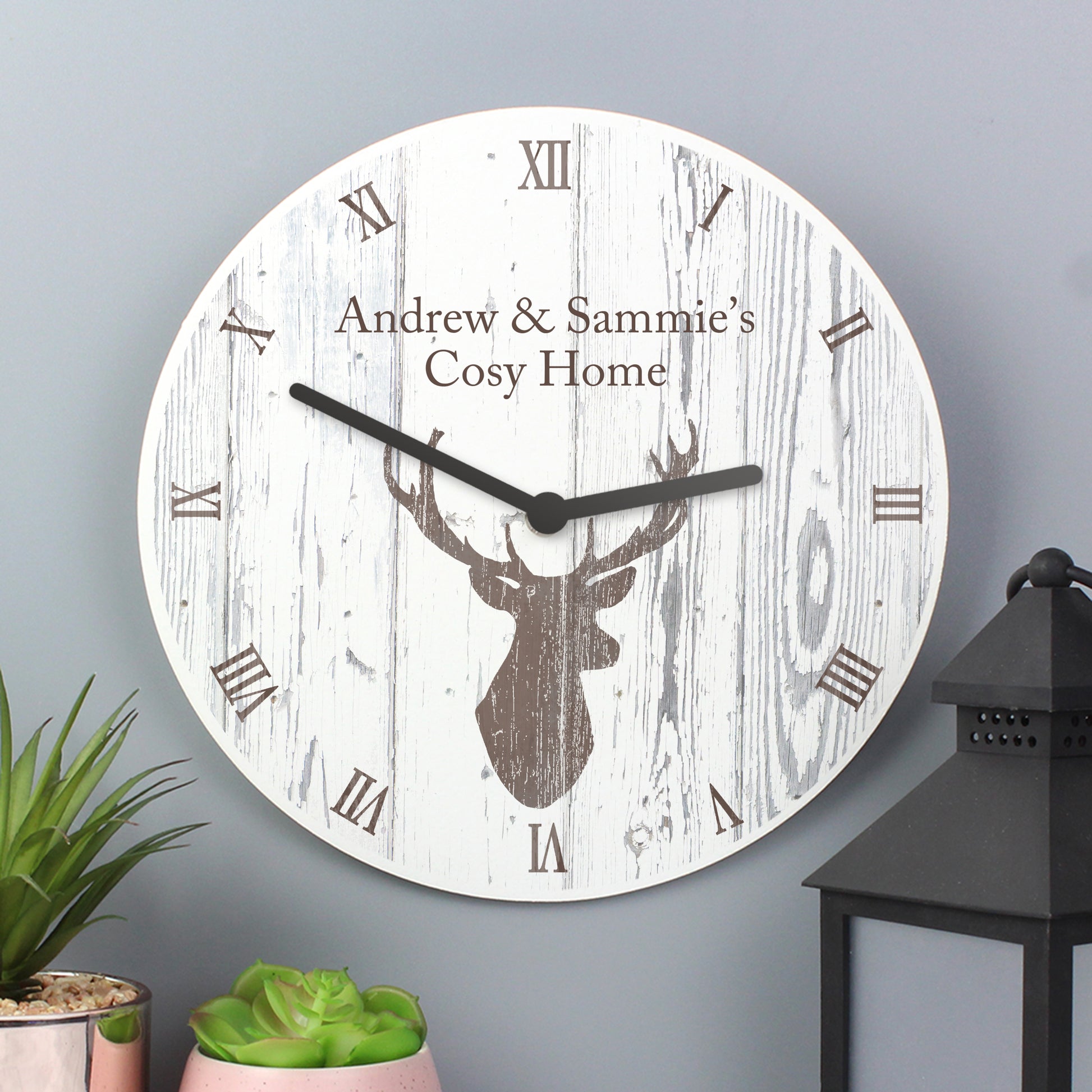 Personalised Highland Stag Shabby Chic Wooden Clock - MK&JD Gifts