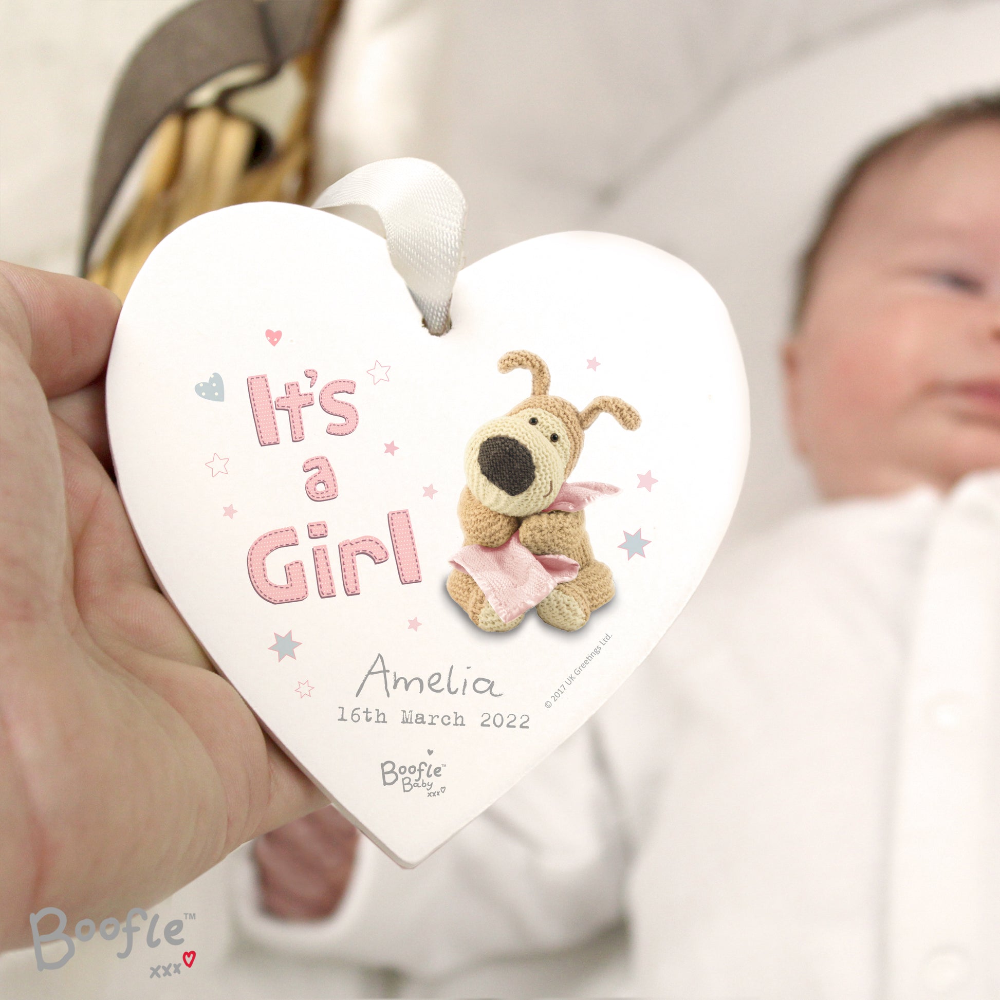 Personalised Boofle It's a Girl Wooden Heart Decoration - MK&JD Gifts