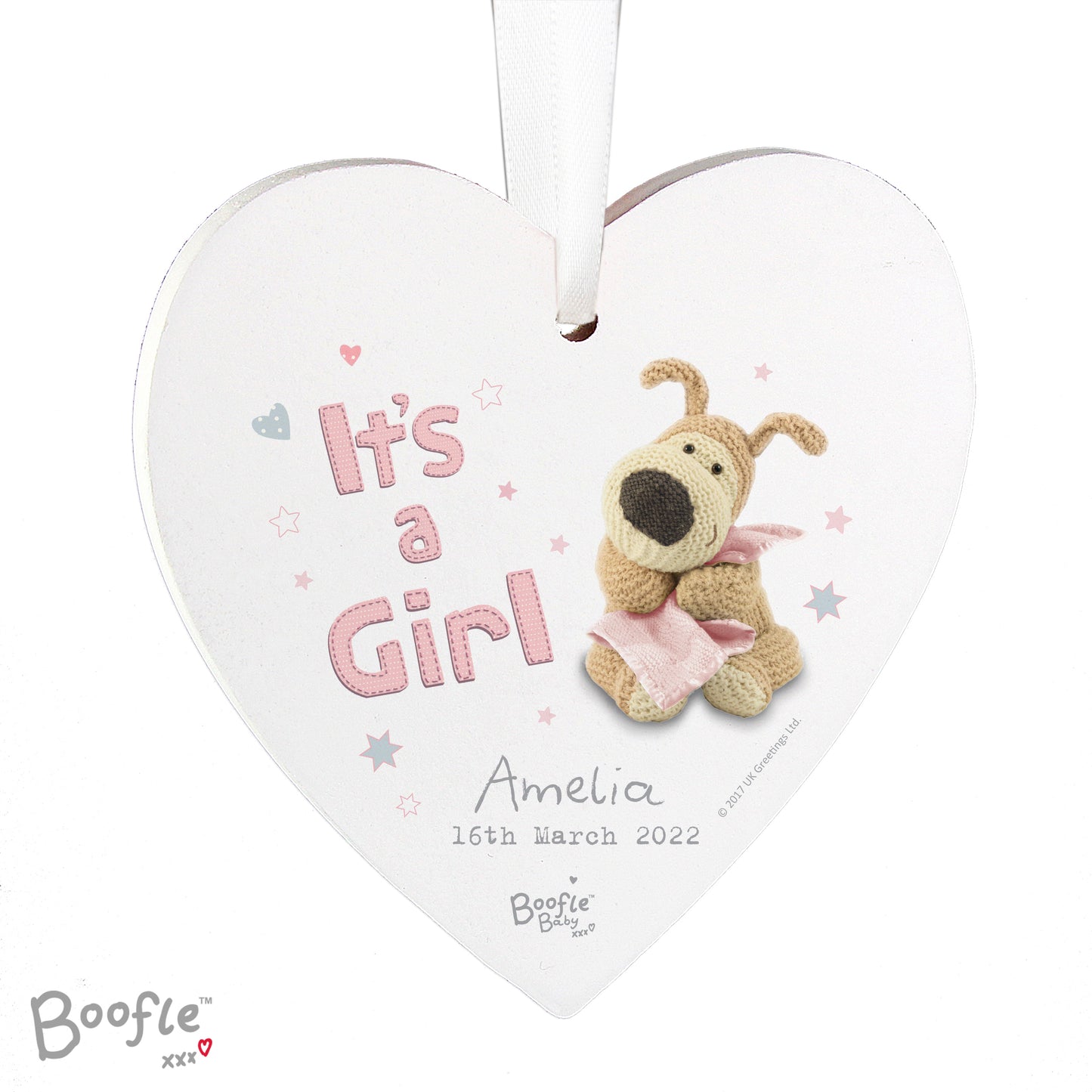 Personalised Boofle It's a Girl Wooden Heart Decoration - MK&JD Gifts