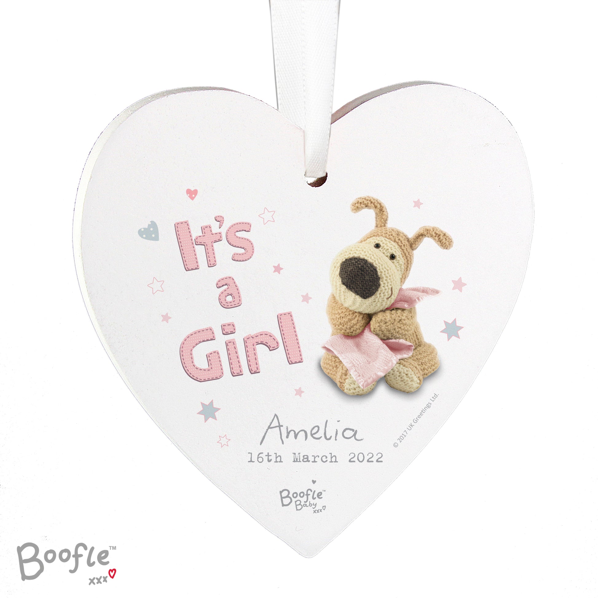 Personalised Boofle It's a Girl Wooden Heart Decoration - MK&JD Gifts