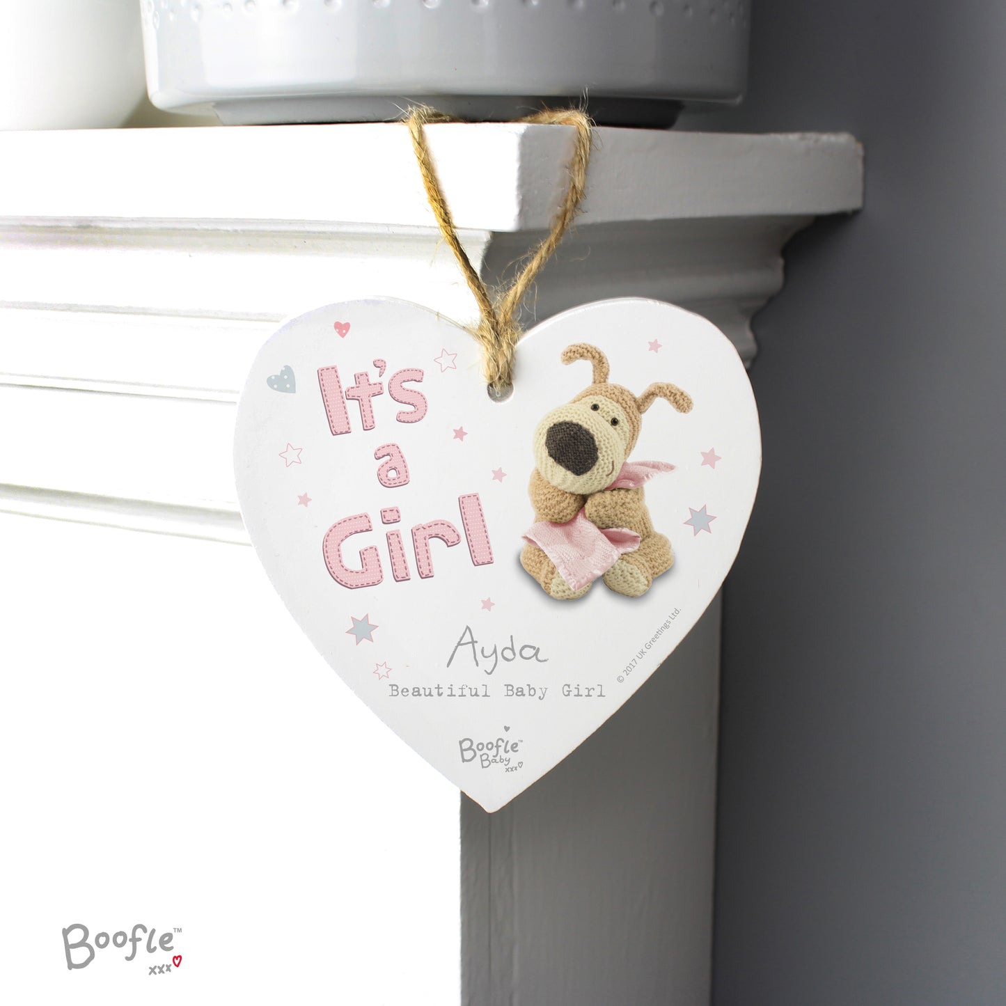 Personalised Boofle It's a Girl Wooden Heart Decoration - MK&JD Gifts