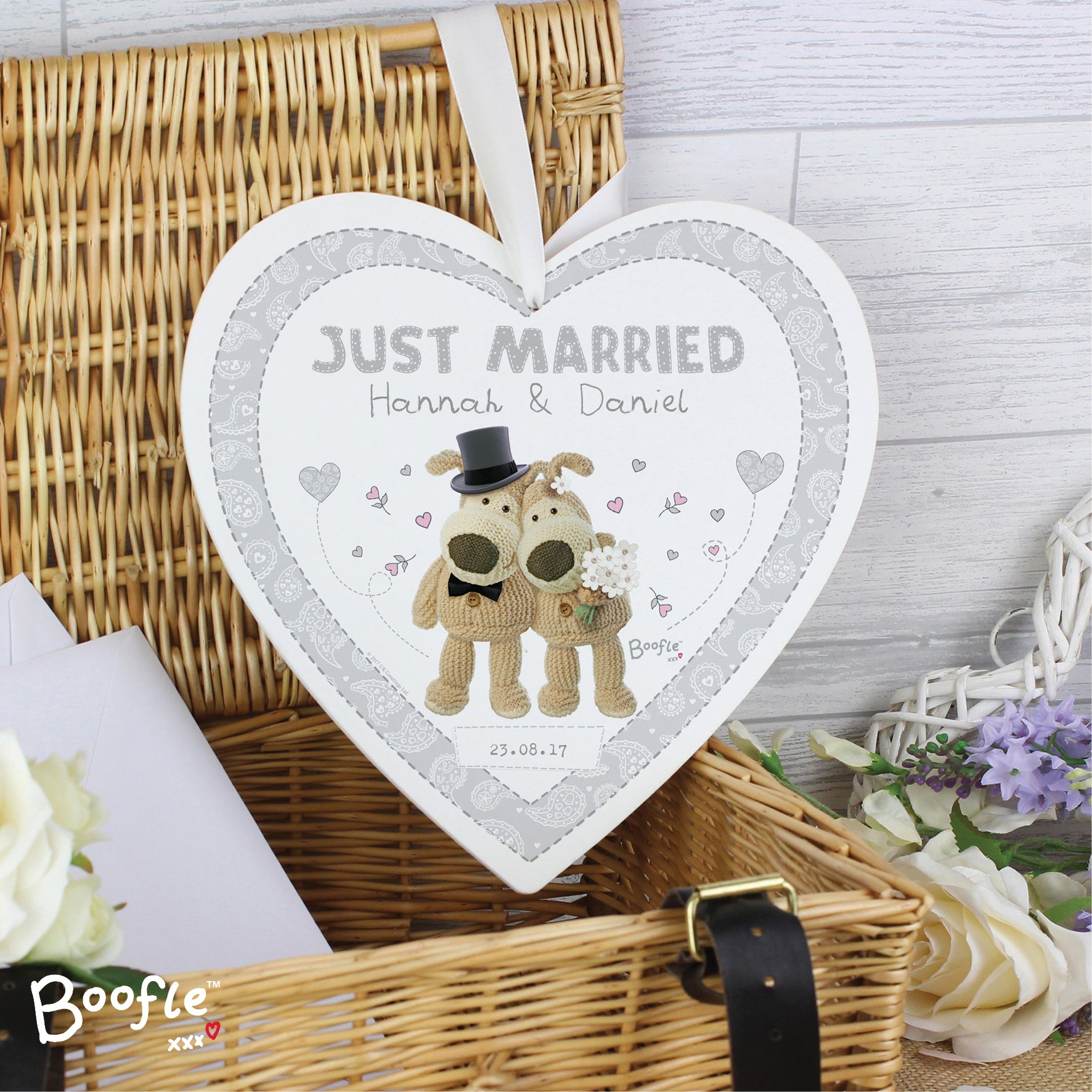 Personalised Boofle Wedding Large Wooden Heart Decoration - MK&JD Gifts