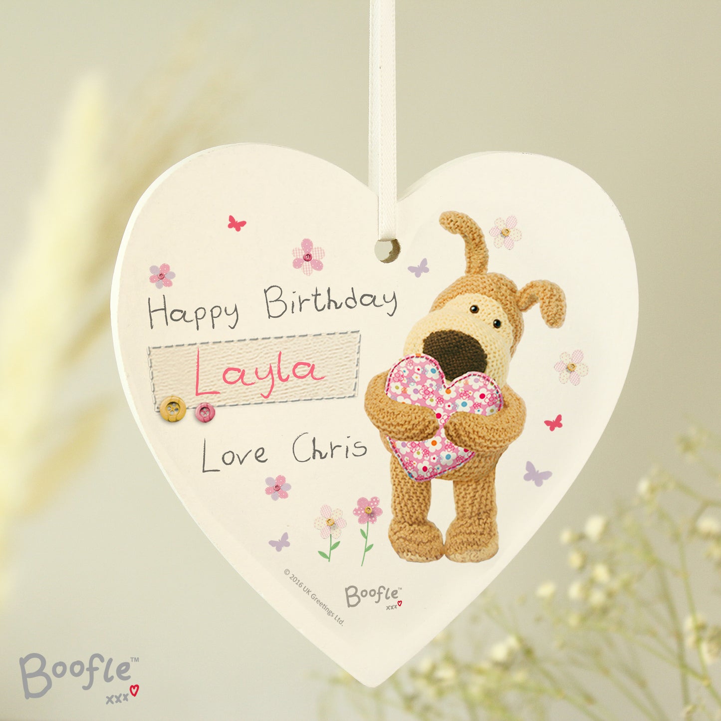 Personalised Boofle Flowers Wooden Heart Decoration - MK&JD Gifts