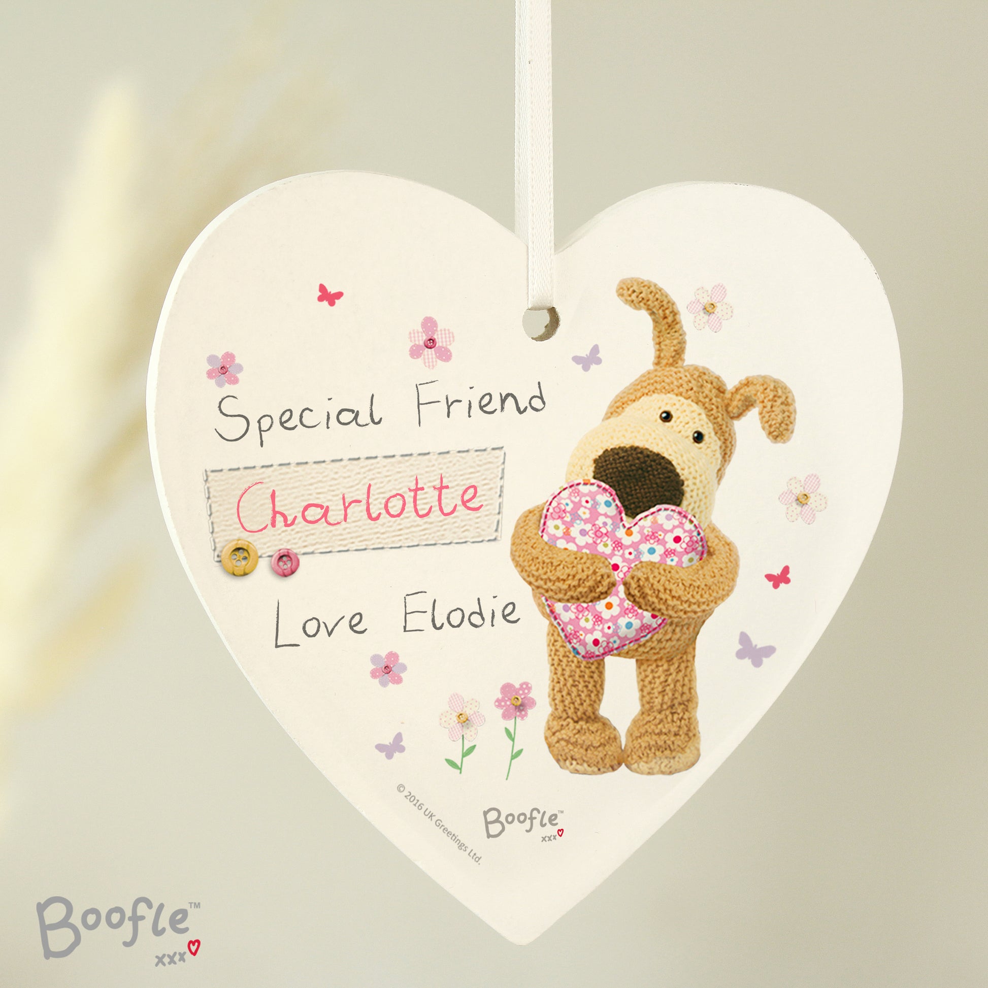 Personalised Boofle Flowers Wooden Heart Decoration - MK&JD Gifts