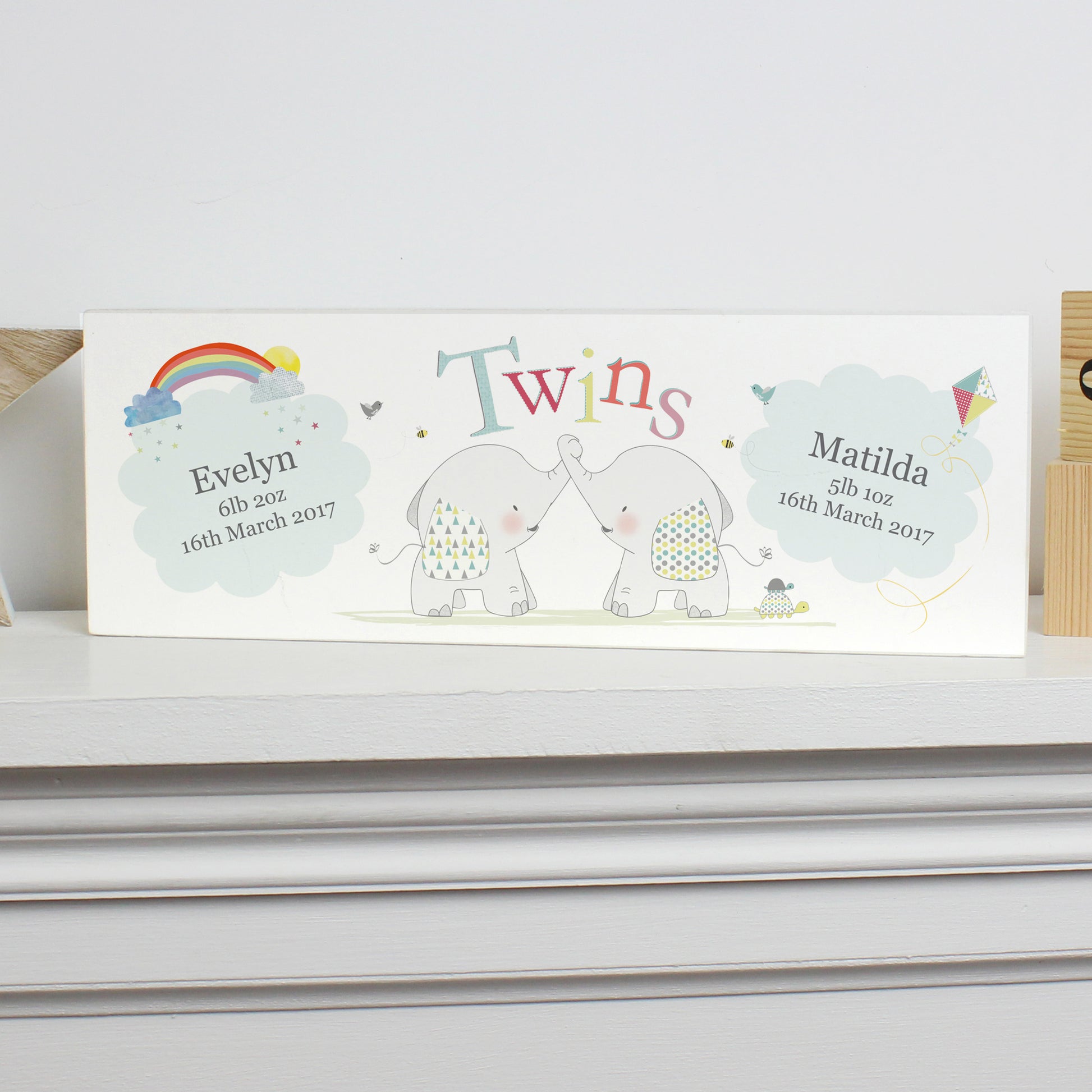 Personalised Hessian Elephant Twins Wooden Mantel Decoration - MK&JD Gifts