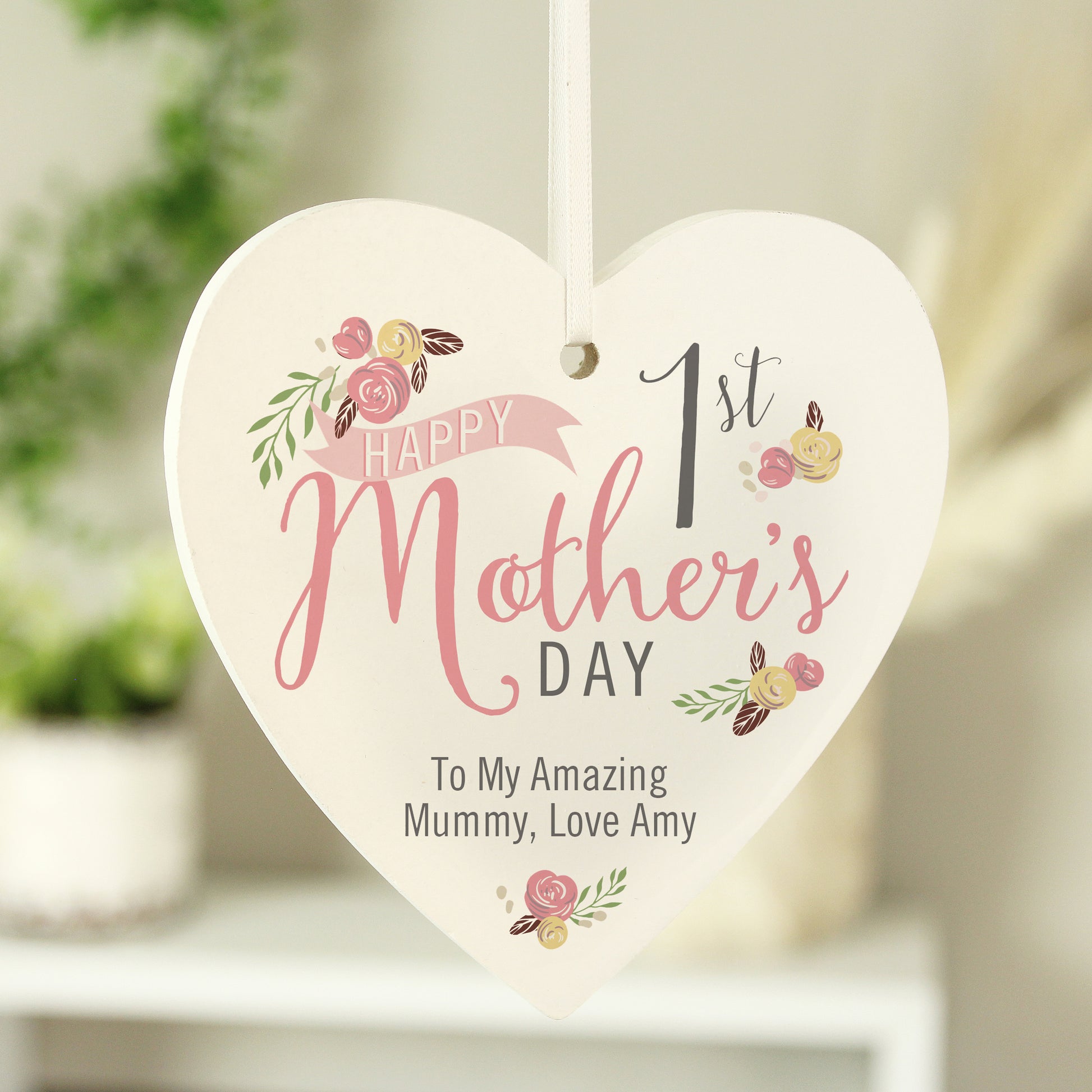 Personalised Floral Bouquet 1st Mothers Day Wooden Heart Decoration - MK&JD Gifts