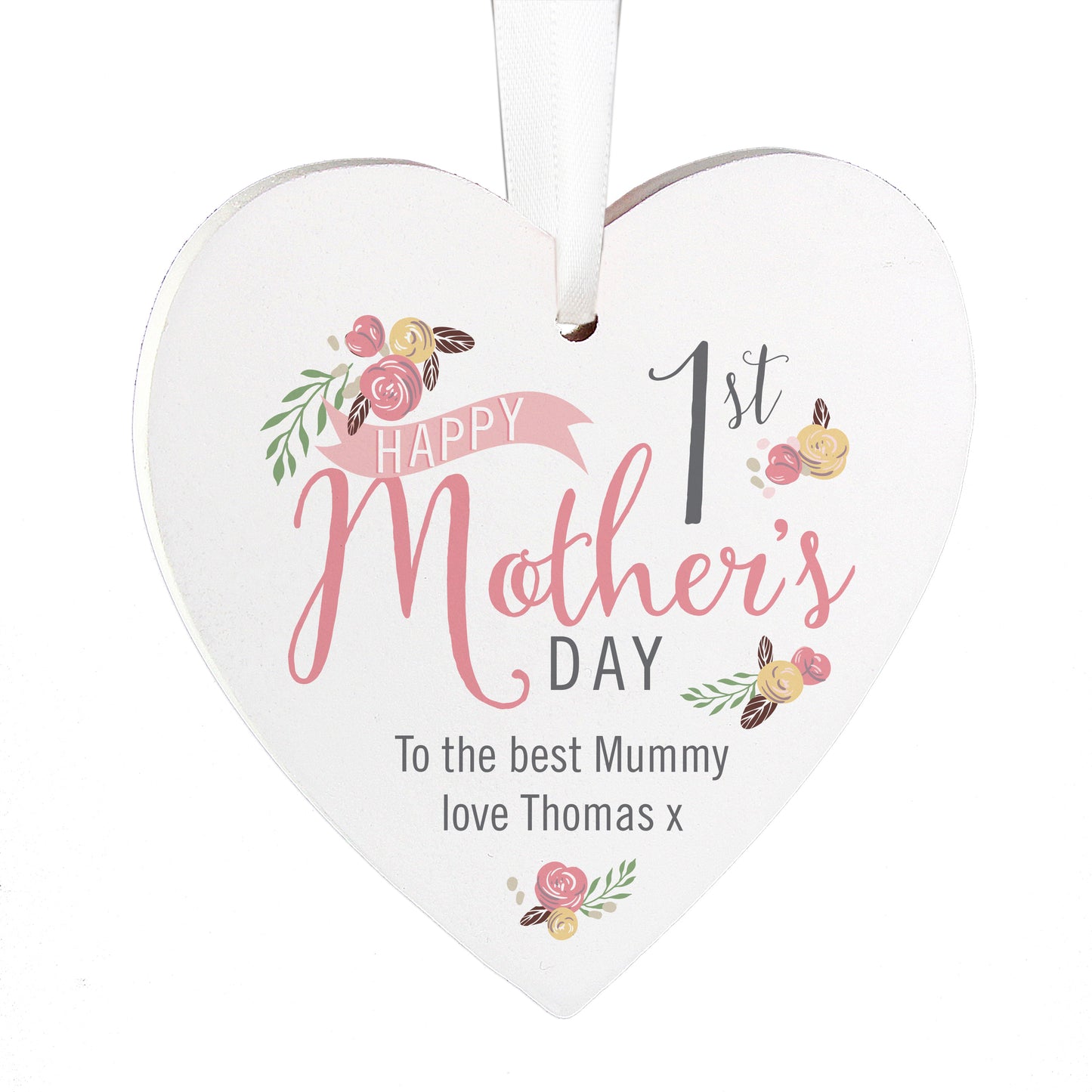 Personalised Floral Bouquet 1st Mothers Day Wooden Heart Decoration - MK&JD Gifts
