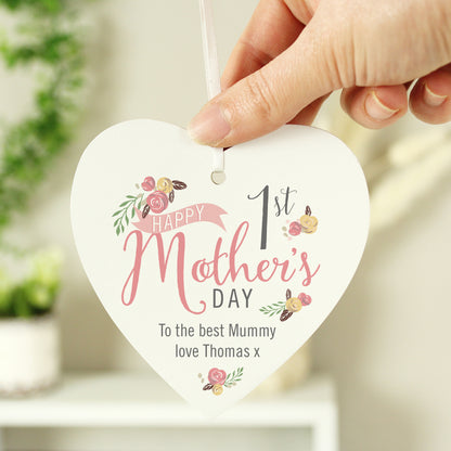 Personalised Floral Bouquet 1st Mothers Day Wooden Heart Decoration - MK&JD Gifts
