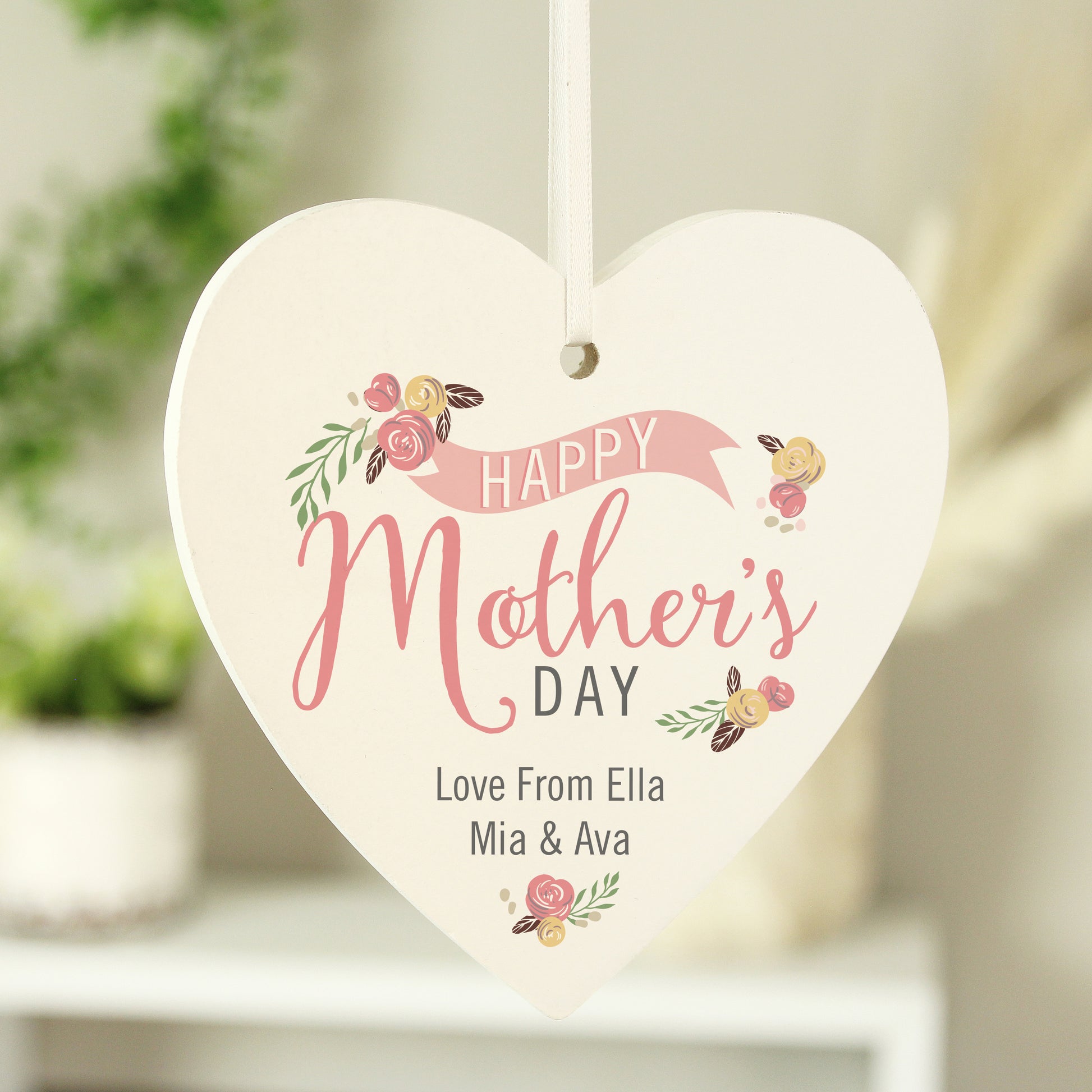 Personalised Floral Bouquet Mother's Day Wooden Heart Decoration - MK&JD Gifts