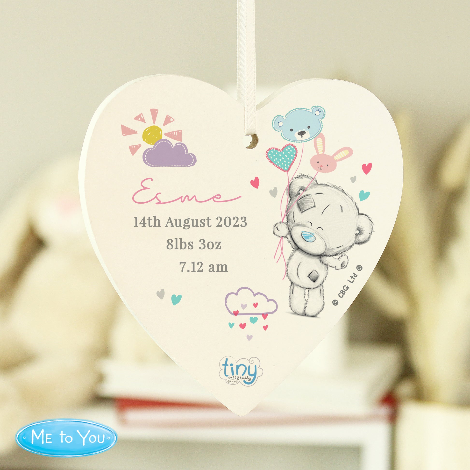 Personalised Tiny Tatty Teddy Pink Wooden Heart Decoration - MK&JD Gifts
