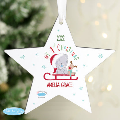 Personalised Tiny Tatty Teddy My 1st Christmas Sleigh Wooden Star Decoration - MK&JD Gifts