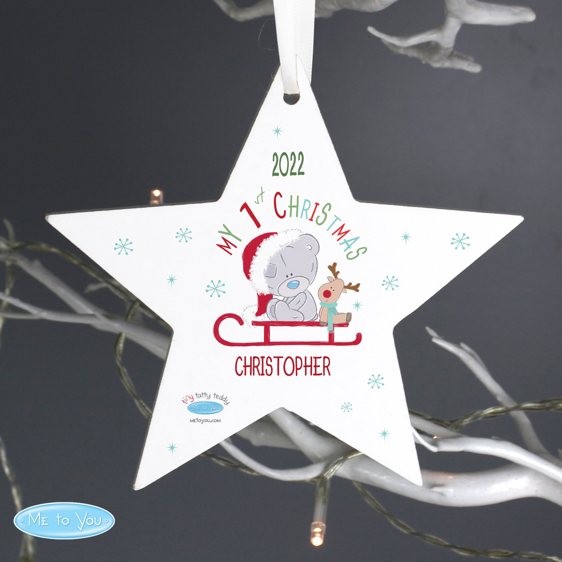 Personalised Tiny Tatty Teddy My 1st Christmas Sleigh Wooden Star Decoration - MK&JD Gifts