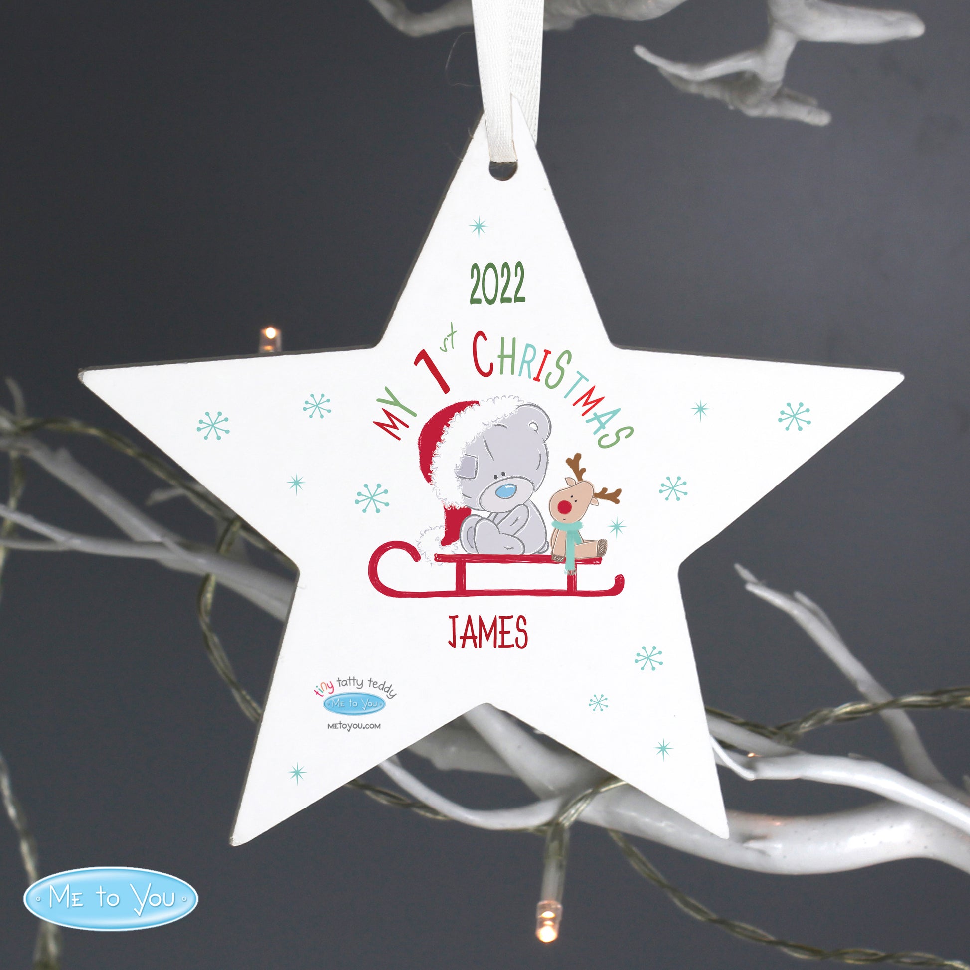 Personalised Tiny Tatty Teddy My 1st Christmas Sleigh Wooden Star Decoration - MK&JD Gifts