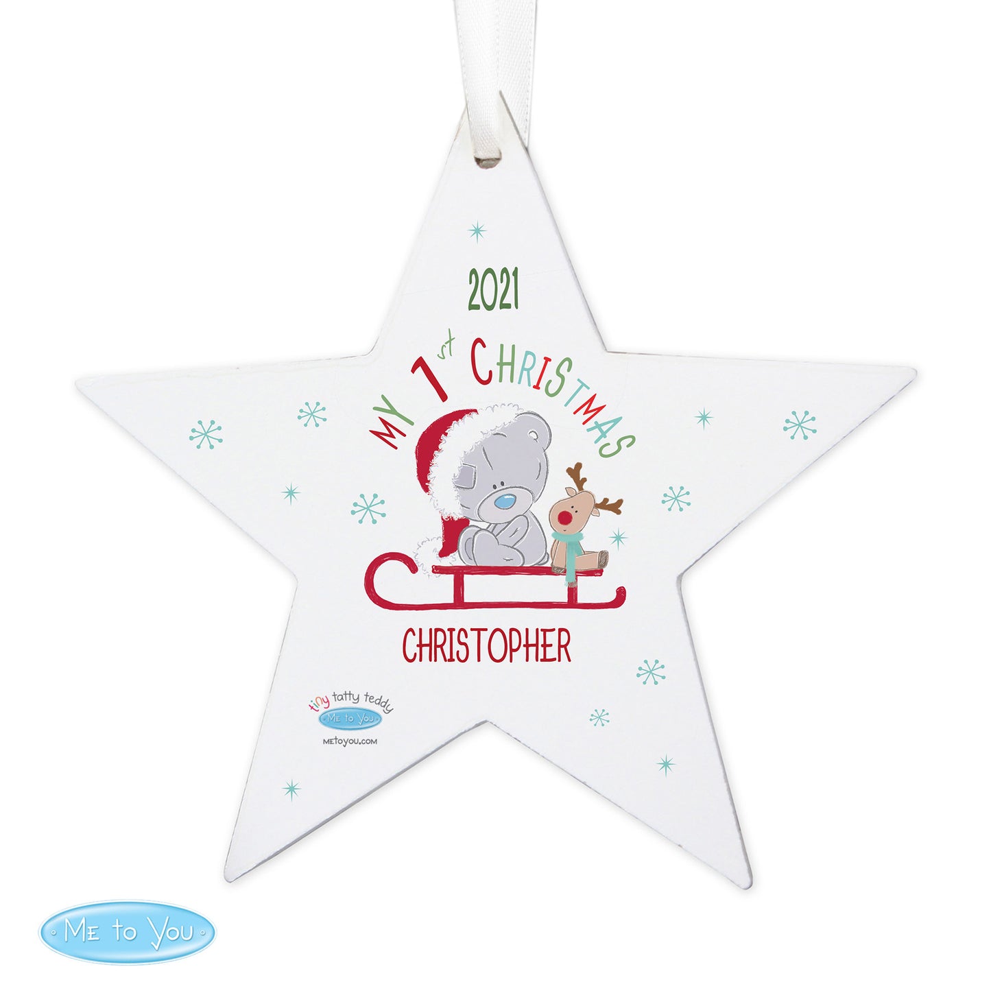 Personalised Tiny Tatty Teddy My 1st Christmas Sleigh Wooden Star Decoration - MK&JD Gifts