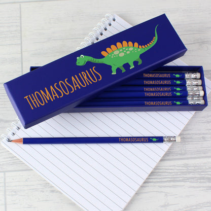 Personalised Dinosaur Box of 12 Blue HB Pencils - MK&JD Gifts
