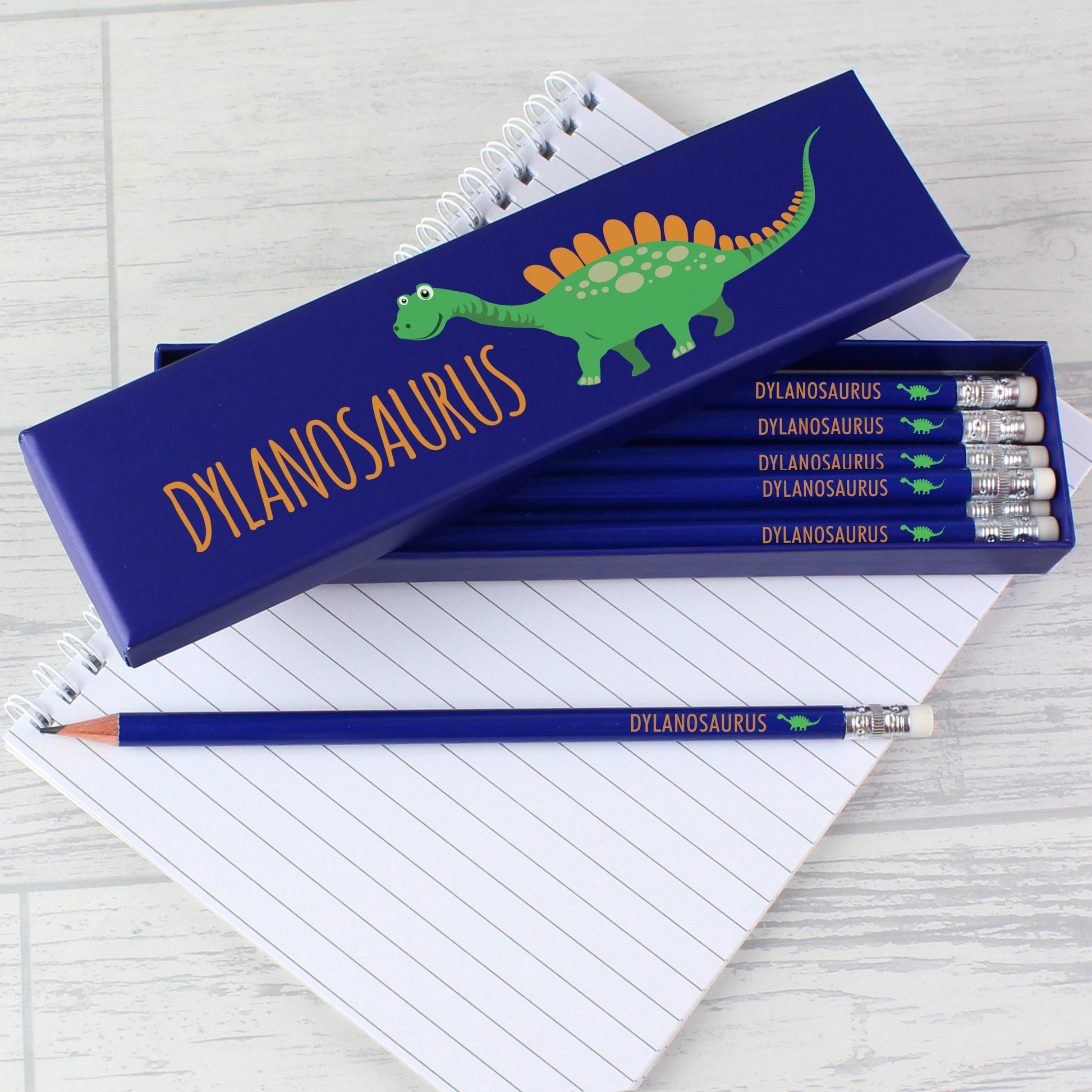 Personalised Dinosaur Box of 12 Blue HB Pencils - MK&JD Gifts