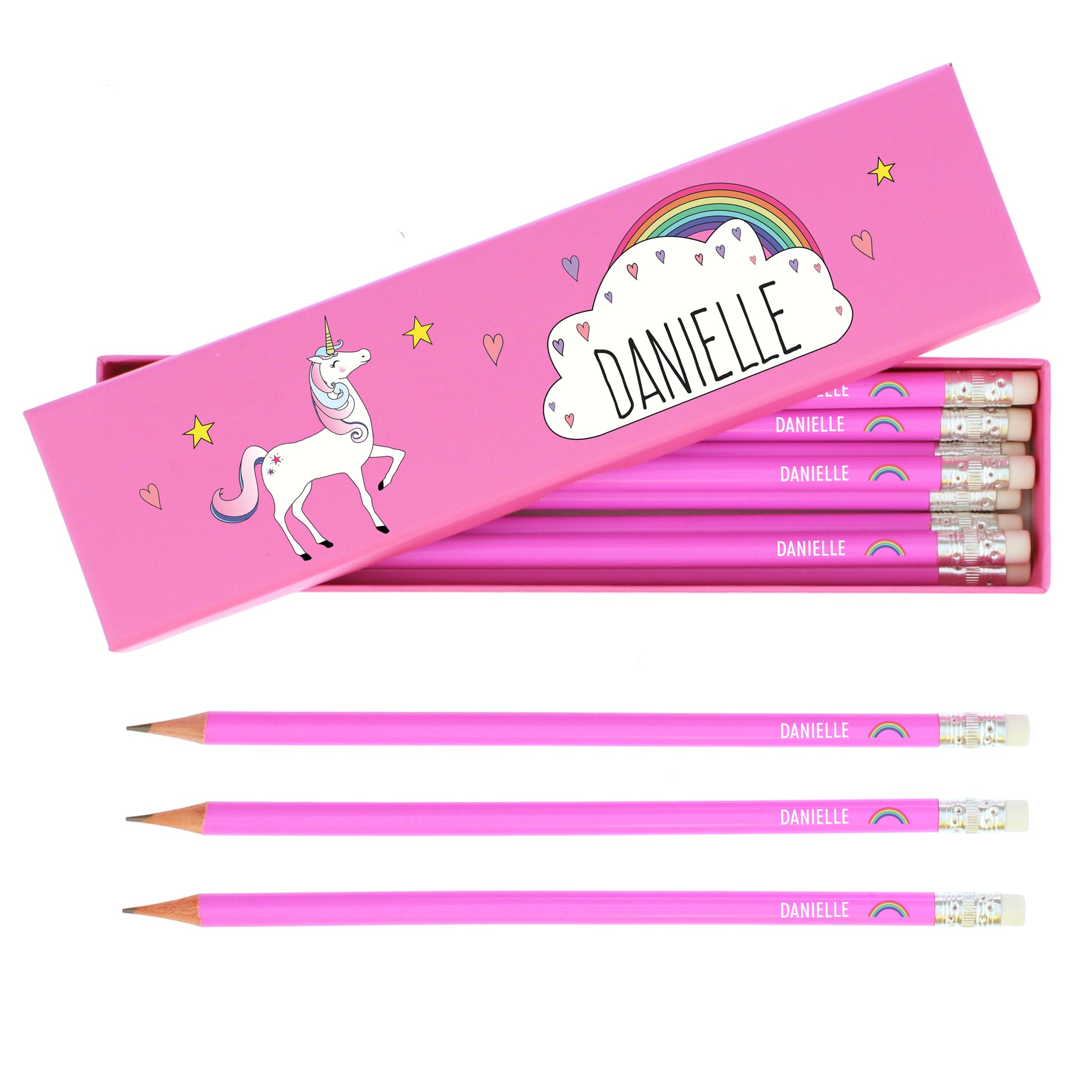 Personalised Unicorn Box of 12 Pink HB Pencils - MK&JD Gifts