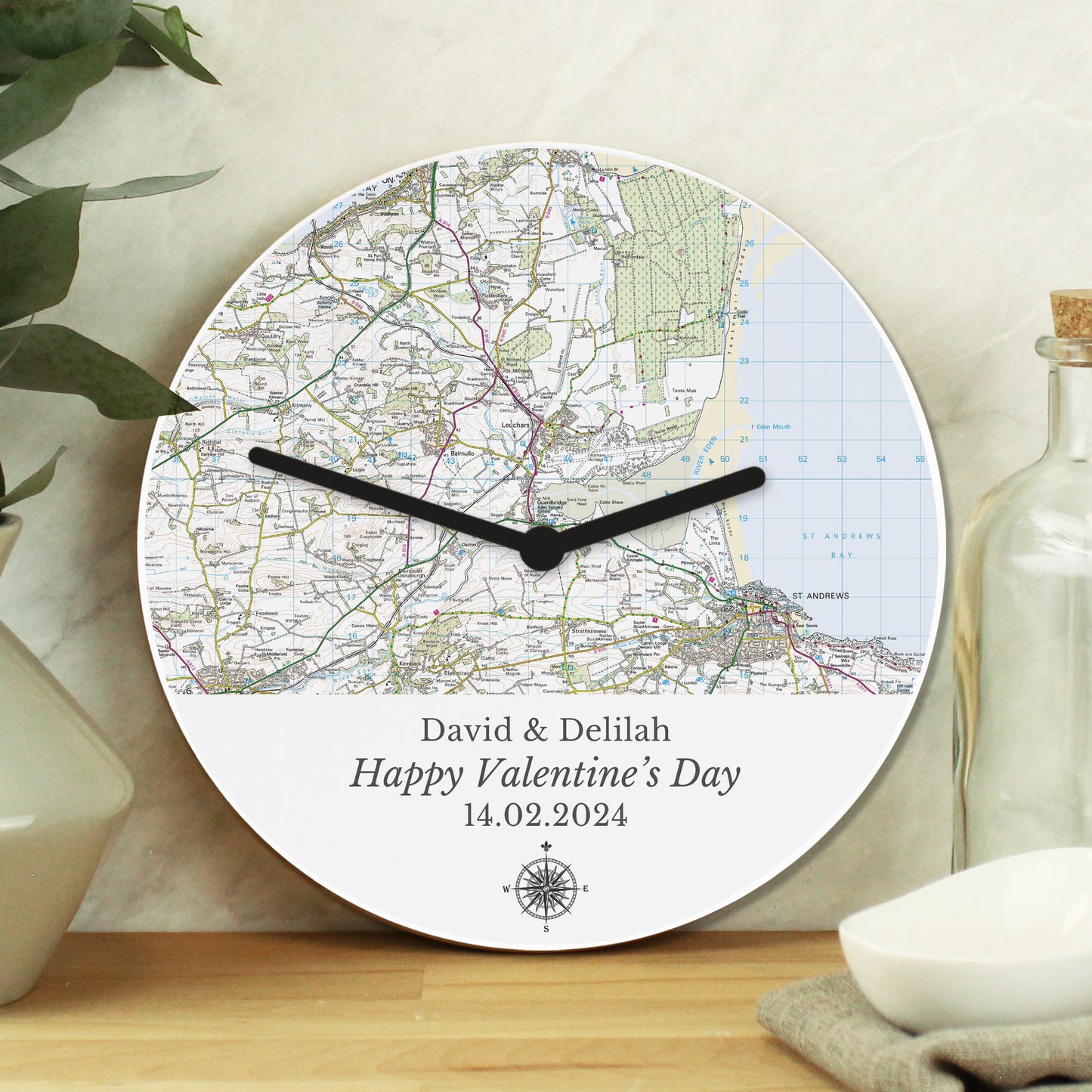 Personalised Present Day Map Compass Wooden Clock - MK&JD Gifts
