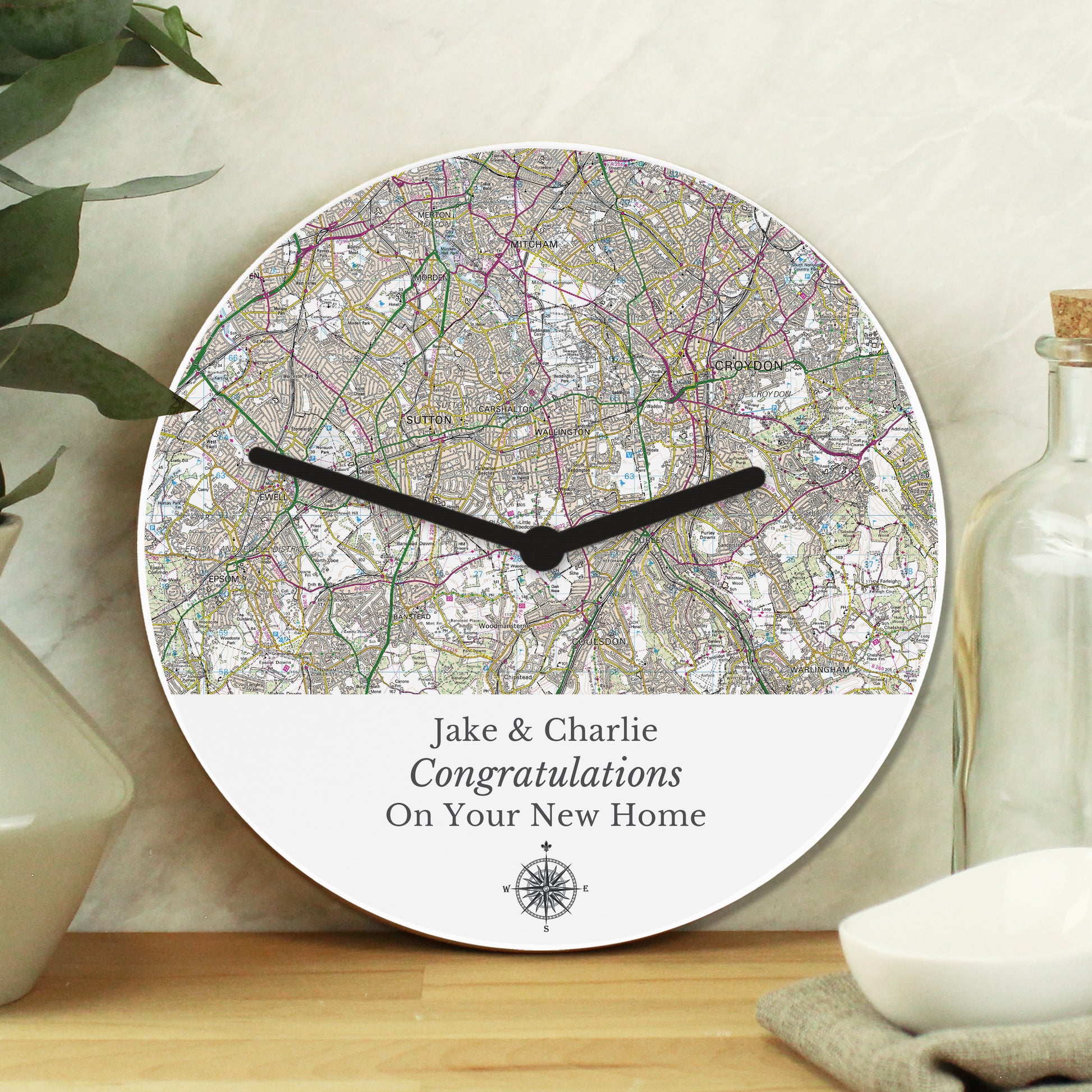 Personalised Present Day Map Compass Wooden Clock - MK&JD Gifts